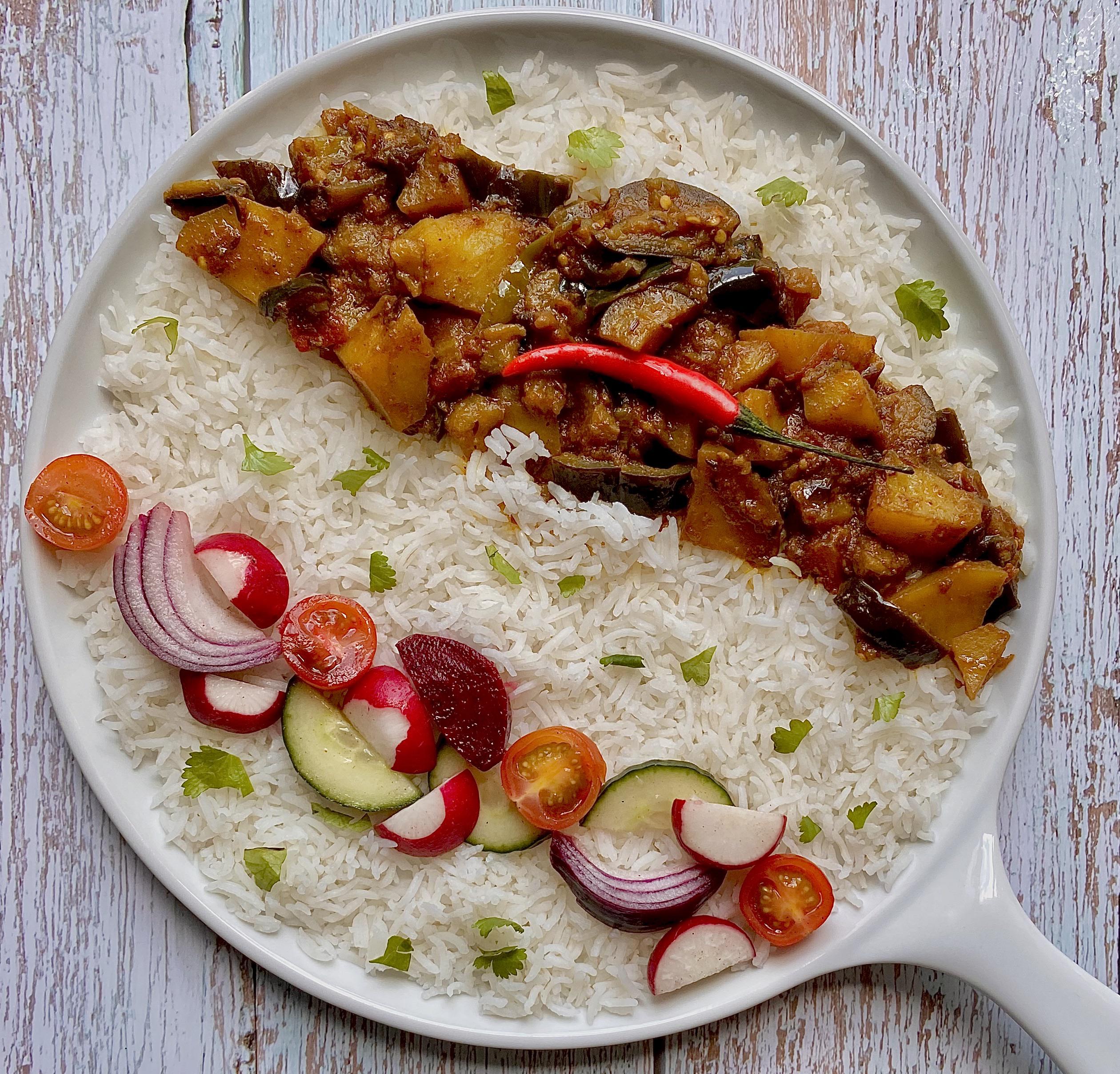 Homemade aubergine and potato curry with rice and salad...I called it