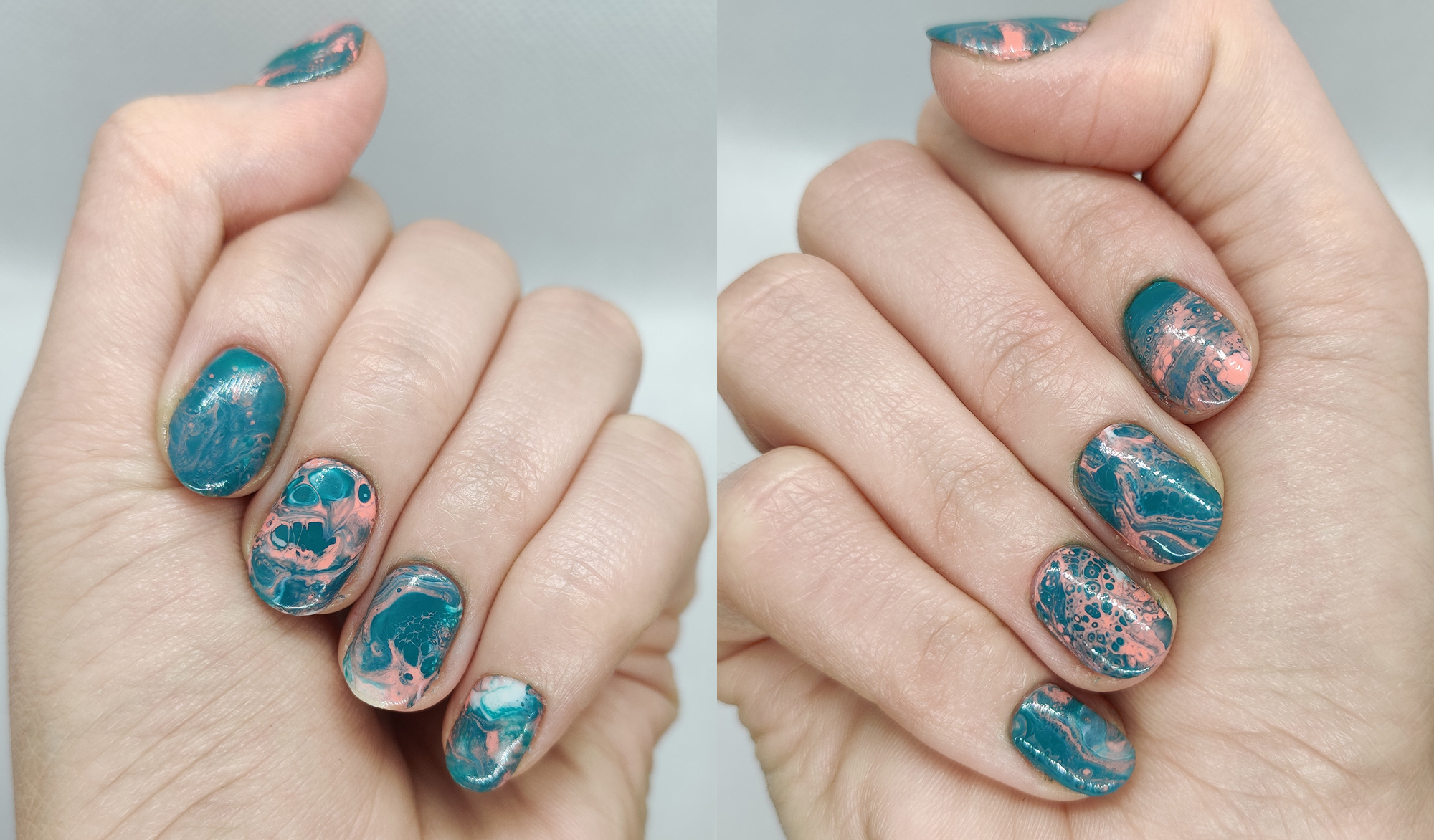 First attempt at fluid nails. (dry marbling + DIY bubbling polish) Love