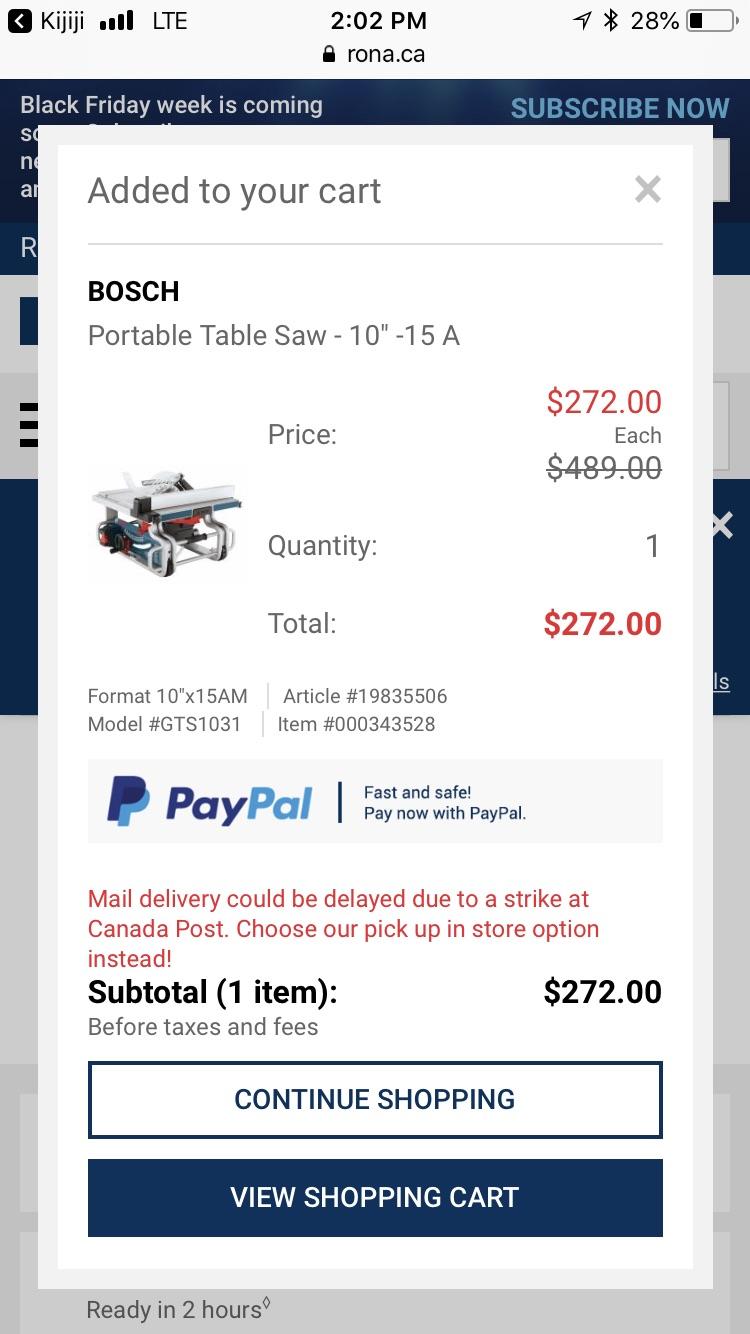 Small Bosch Table saw is like half price at Rona! I don’t know if it’s