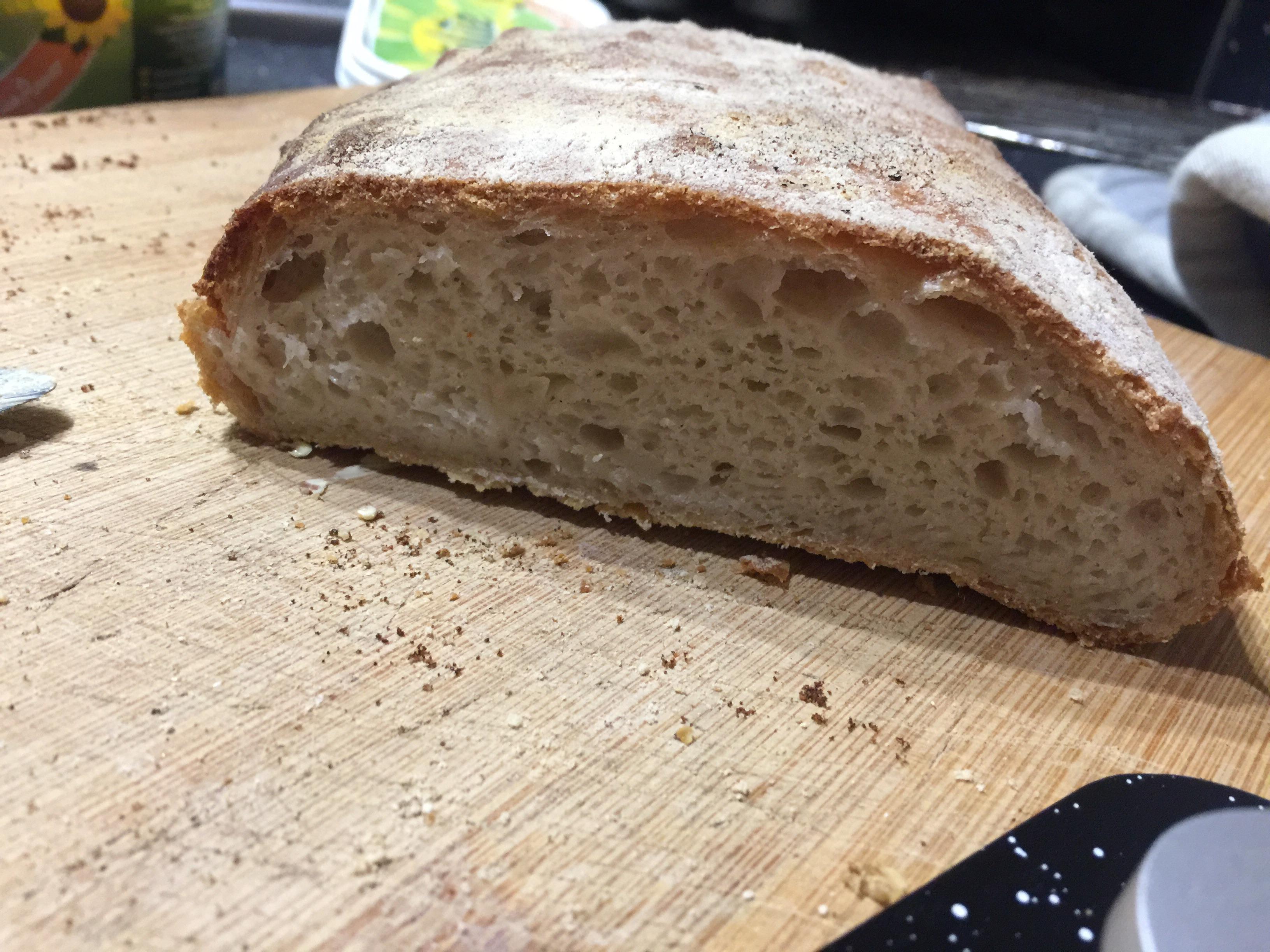 First attempt at a ciabatta. 100 hydration. It tastes great but the