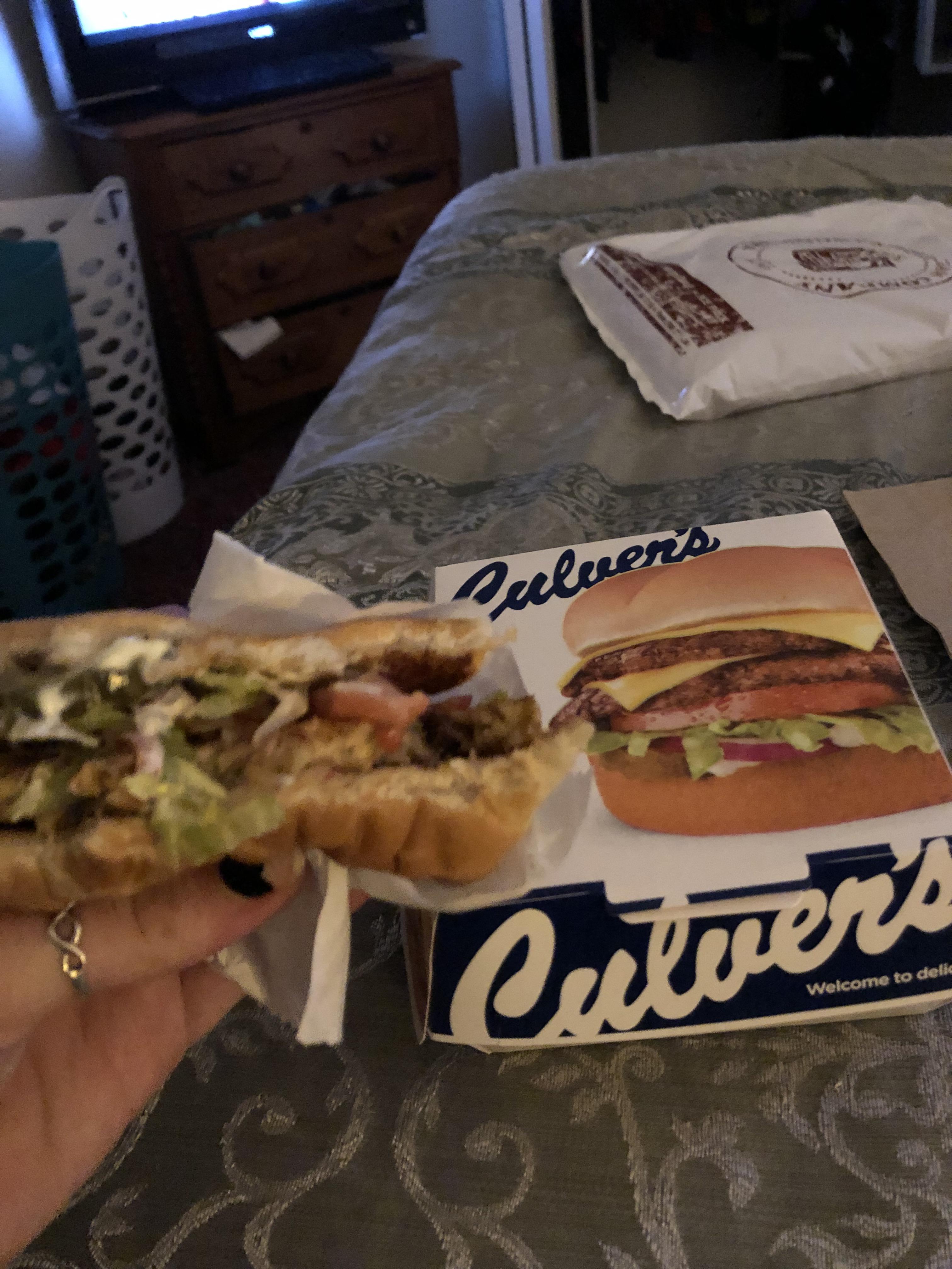 Veggie burger from Culver’s. It’s my favorite fast food veggie burger