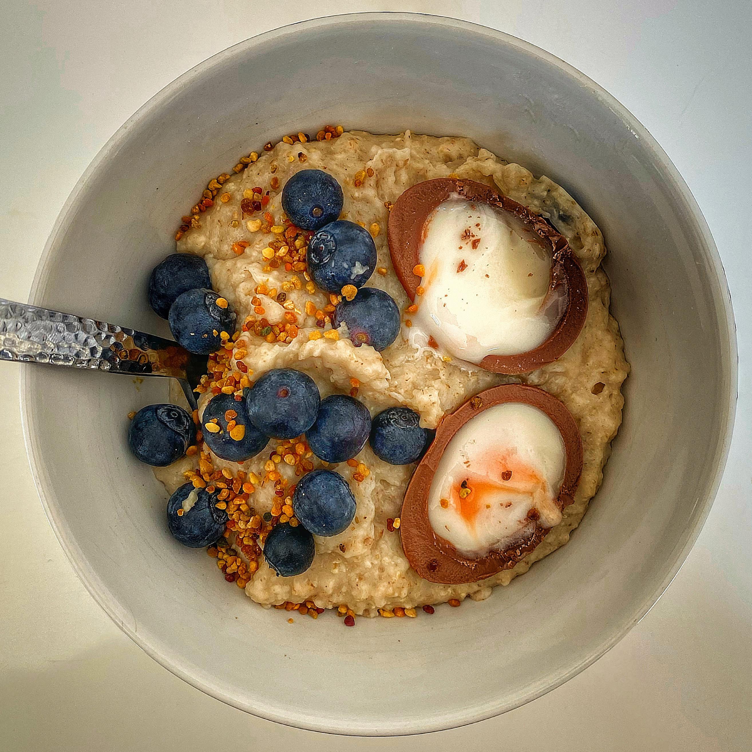 Rolled oats • Blueberries • Bee pollen • Cadbury Creme Egg Breakfast