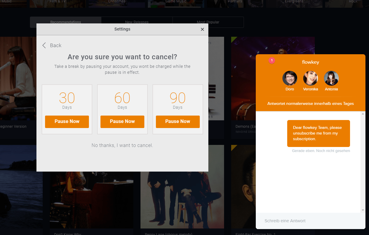 Flowkey cancel subscription only via chat. "Time to response usually