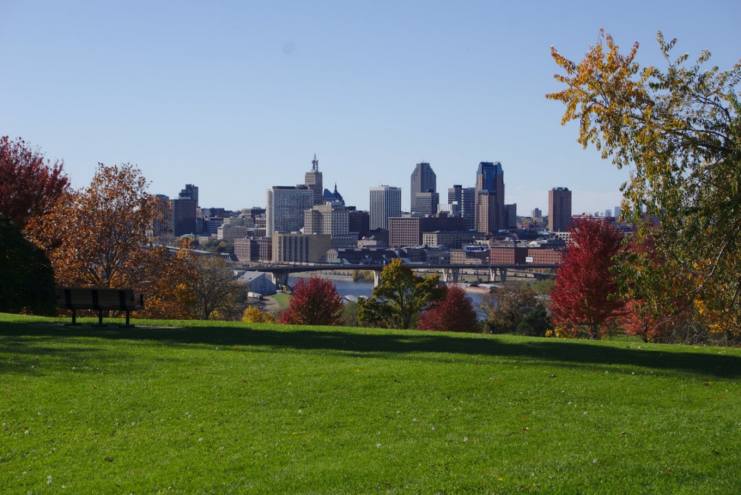 St. Paul downtown seen from Indian Mounds Park on a sunny summer