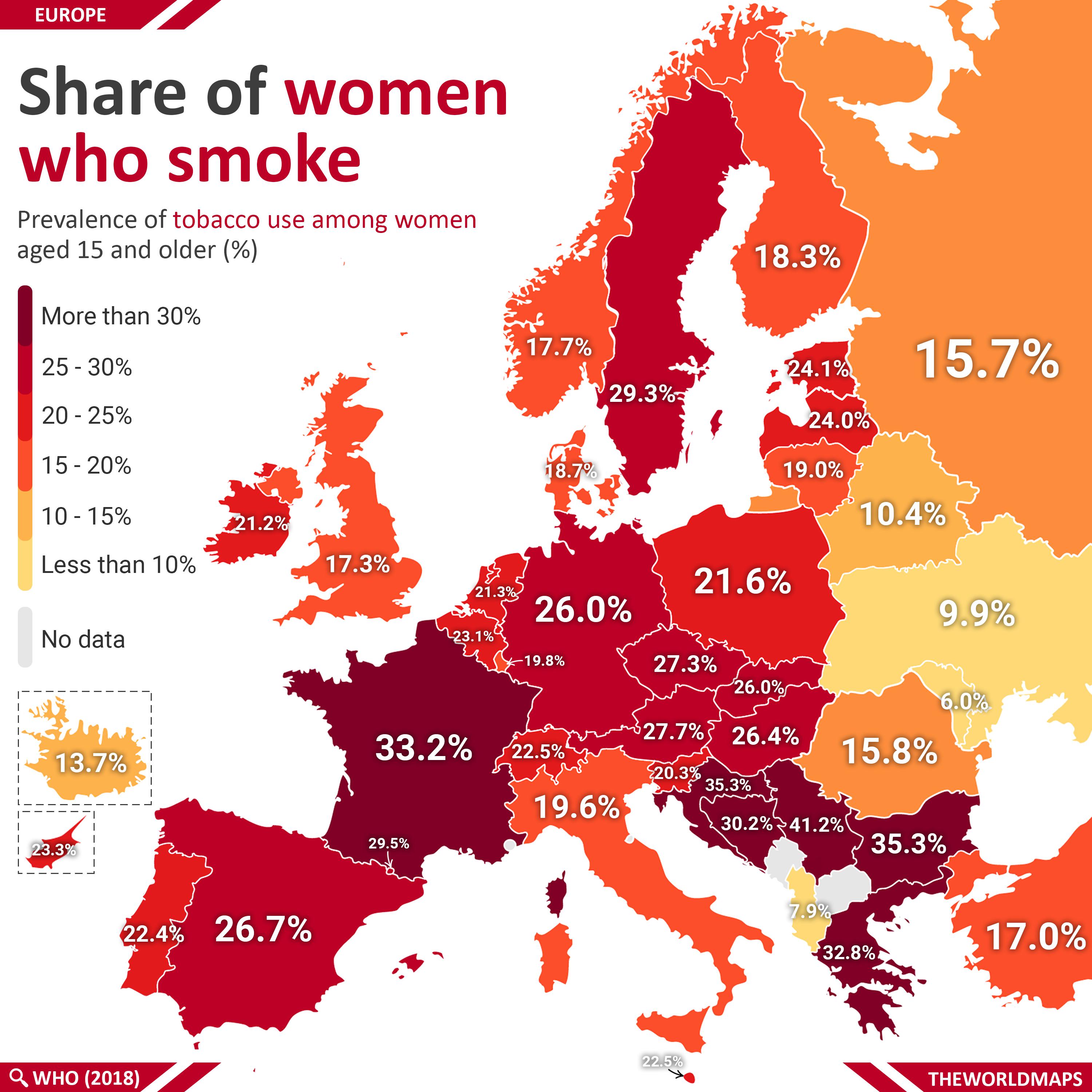 Prevalence of tobacco use among women aged 15 and older () r/MapPorn