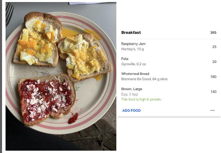 3 slices of toast, 2 with eggs and lemon pepper , 1 with ham and feta