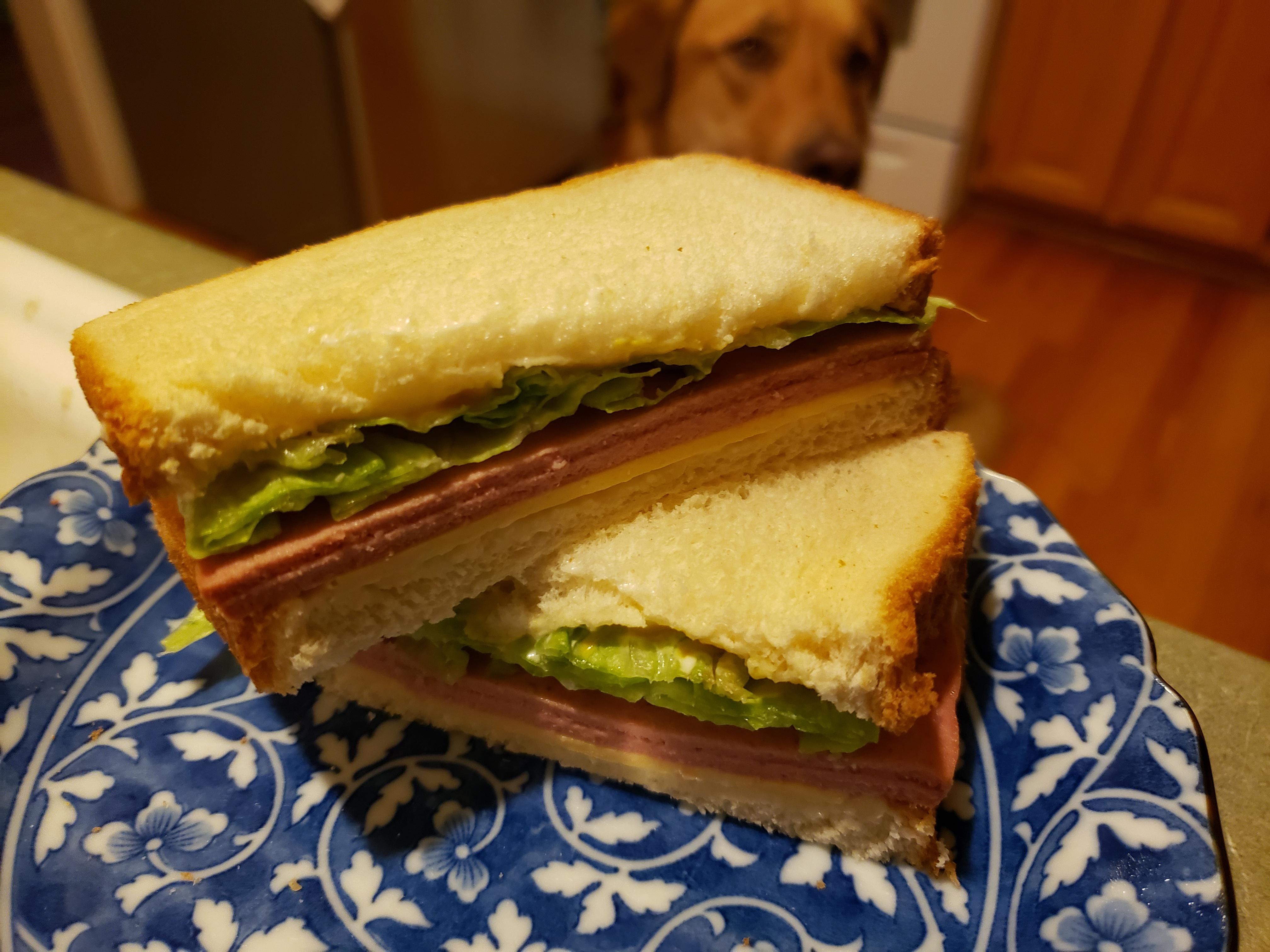 Back to basics. Bologna, american, lettuce mayo, mustard on white. r