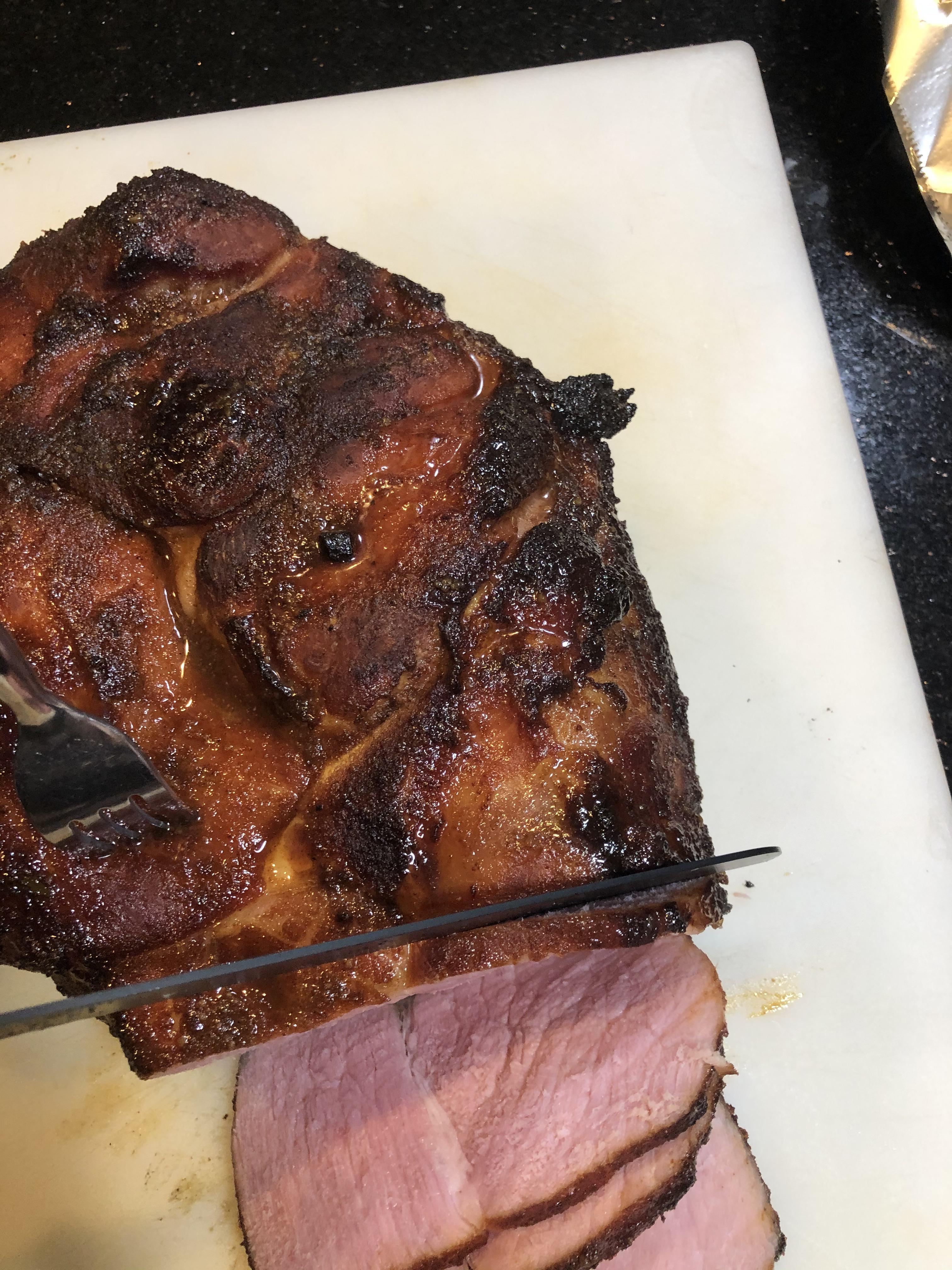 First time smoking a fresh ham, week and a half of curing, maple bbq