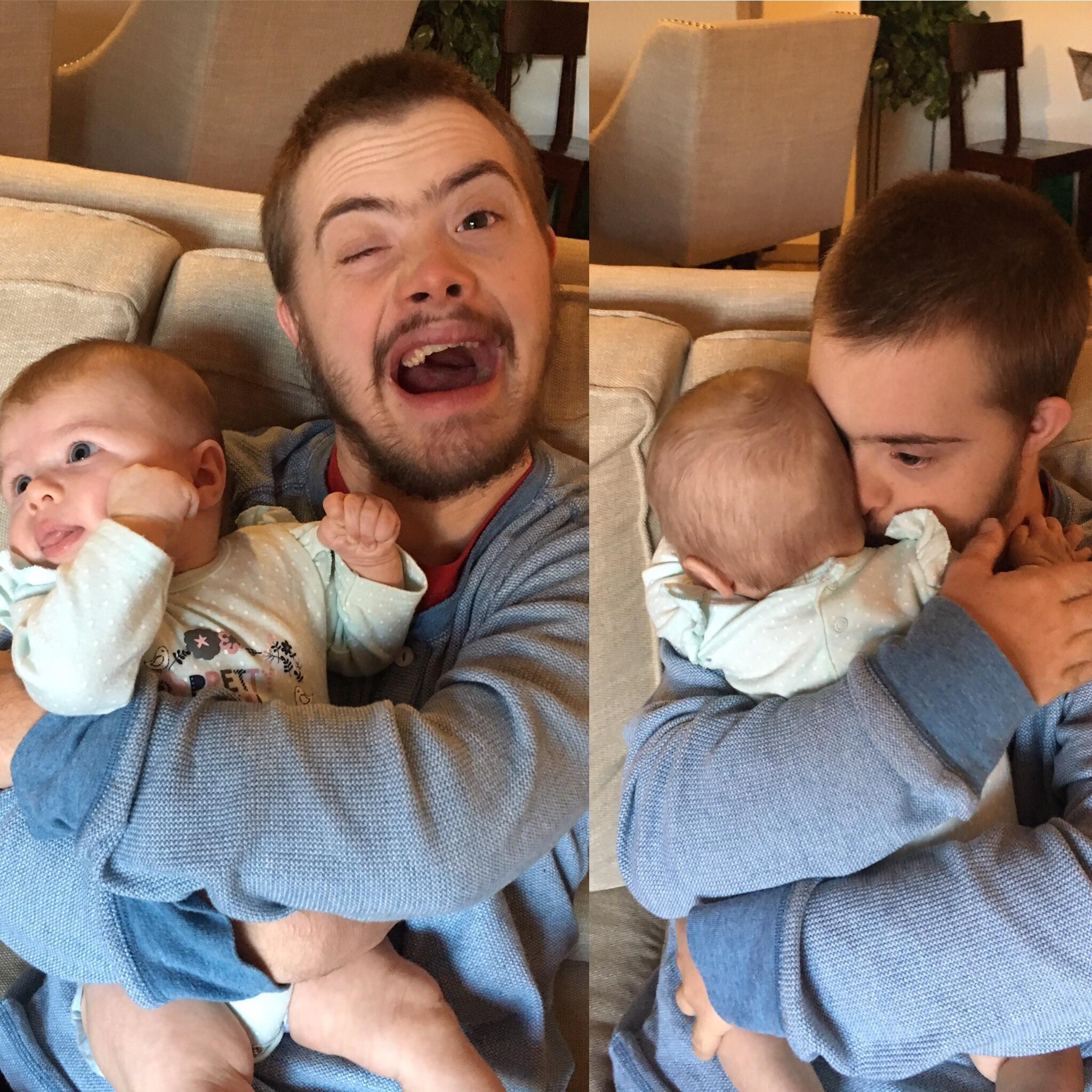 My brother is a low functioning downsie. He used to love to hold babies