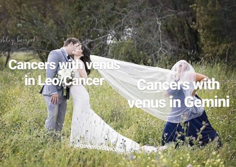 This also applies for Gemini sun with Venus in Cancer versus Cancer sun with Venus in Gemini