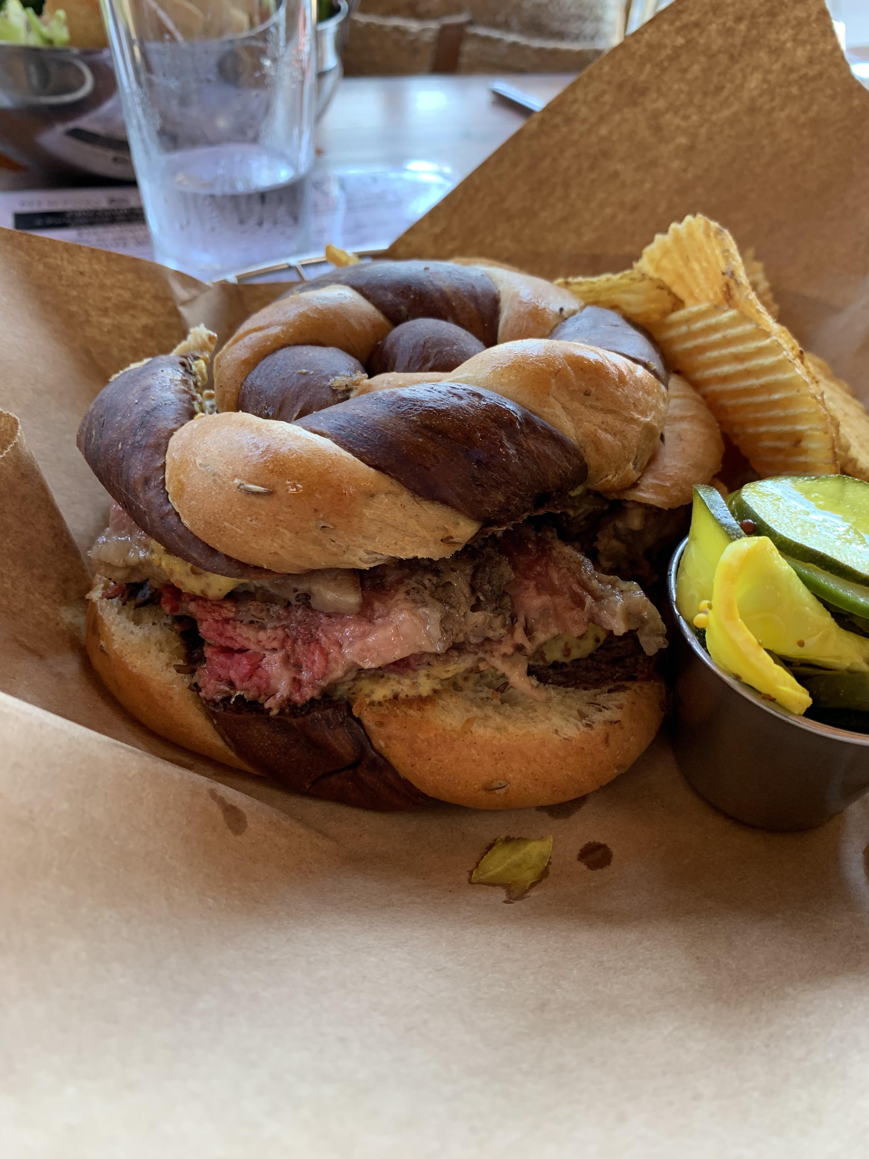 House Pastrami, Whole Grain Mustard, Marble Roll, House Pickles & Chips