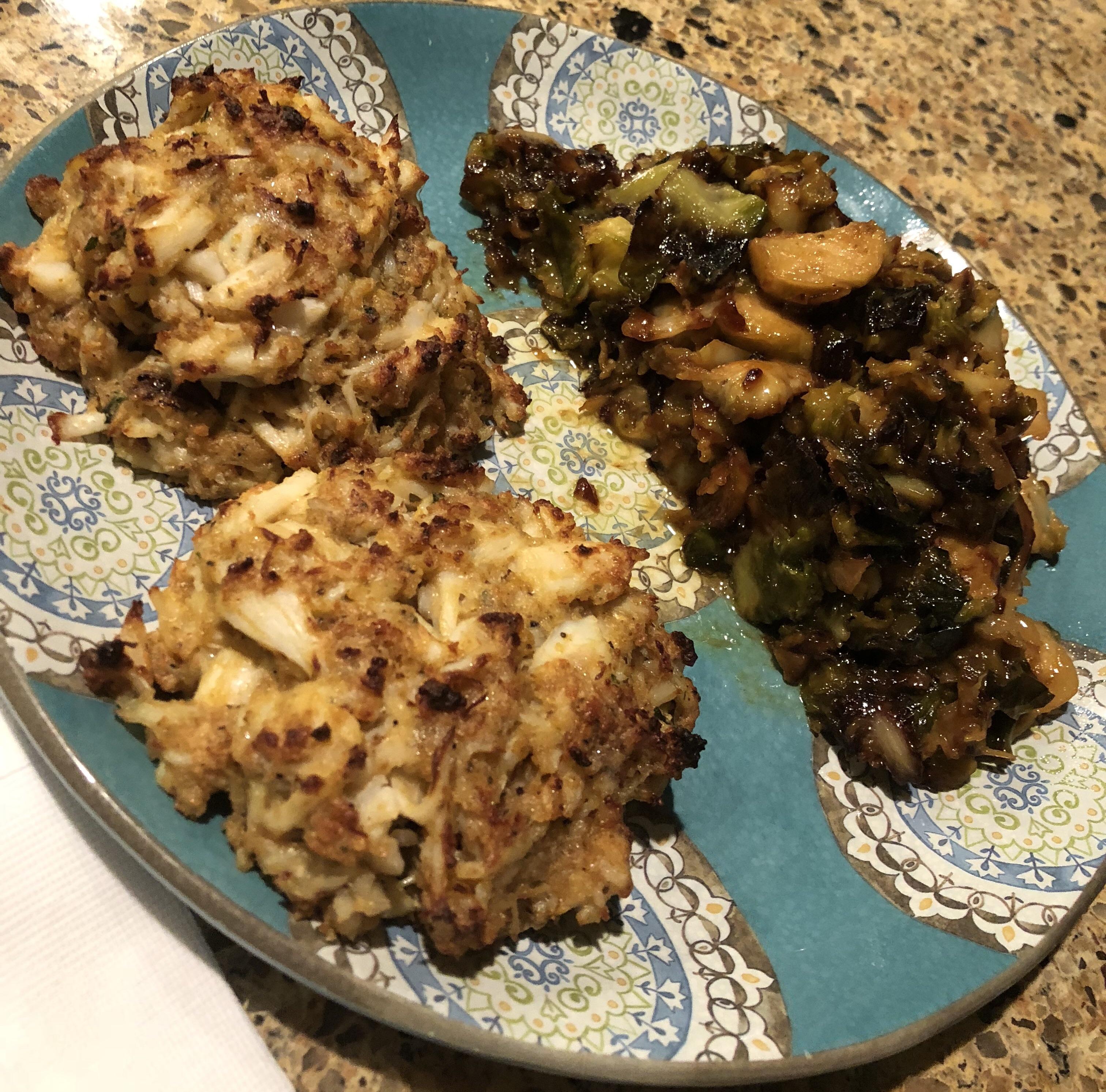 [HOMEMADE] Crab Cakes and Honey Mustard Brussels Sprouts r/food