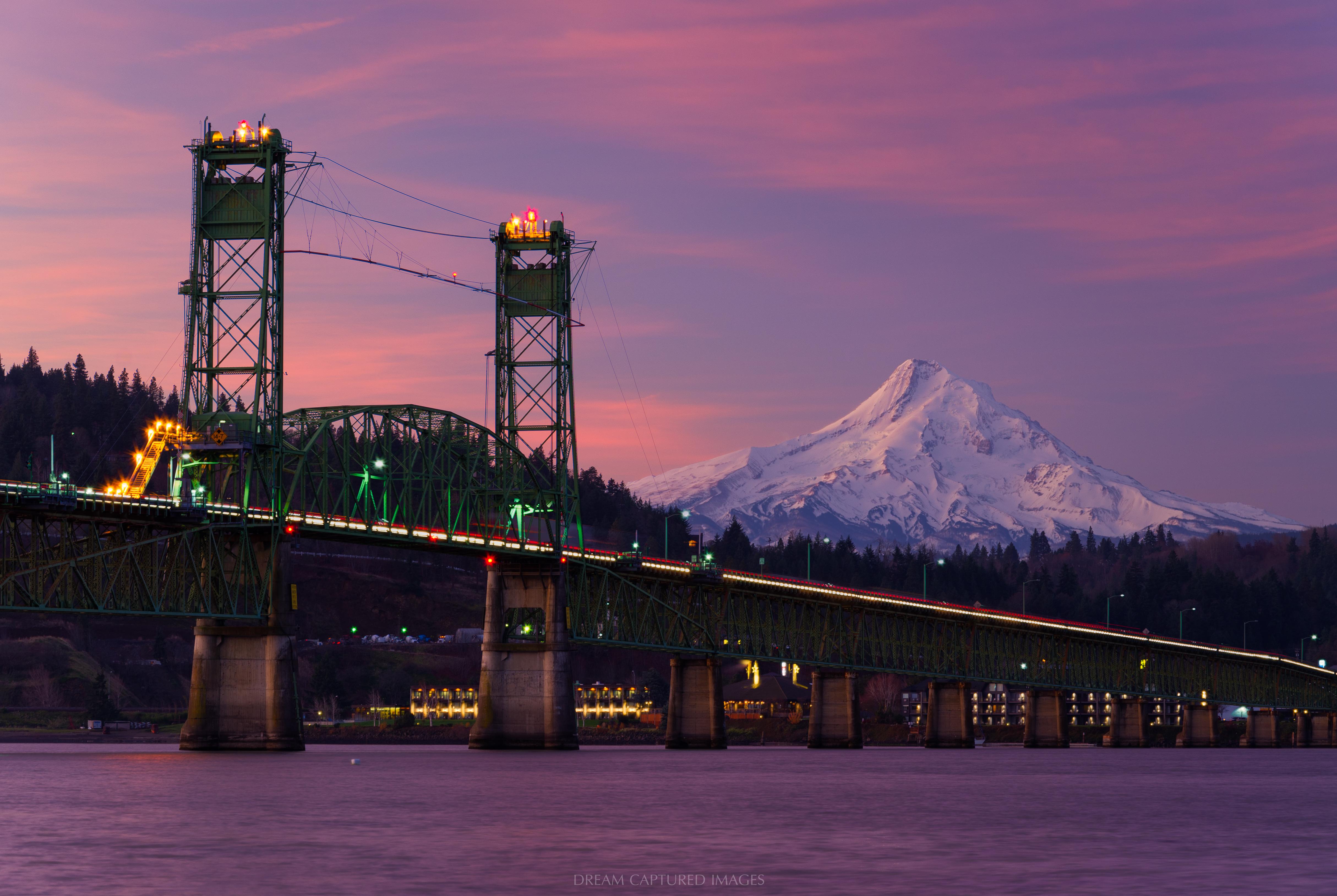 Light trails, a mountain and a bridge. Mt Hood, the Hood River Bridge