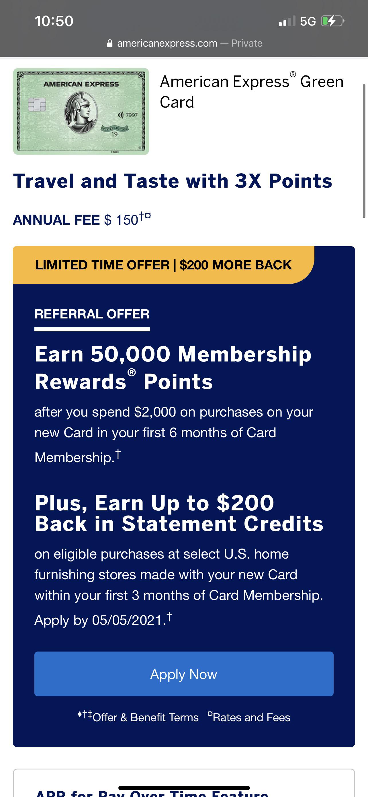 Amex Green 50k + 200 credit. Seems good. r/amex