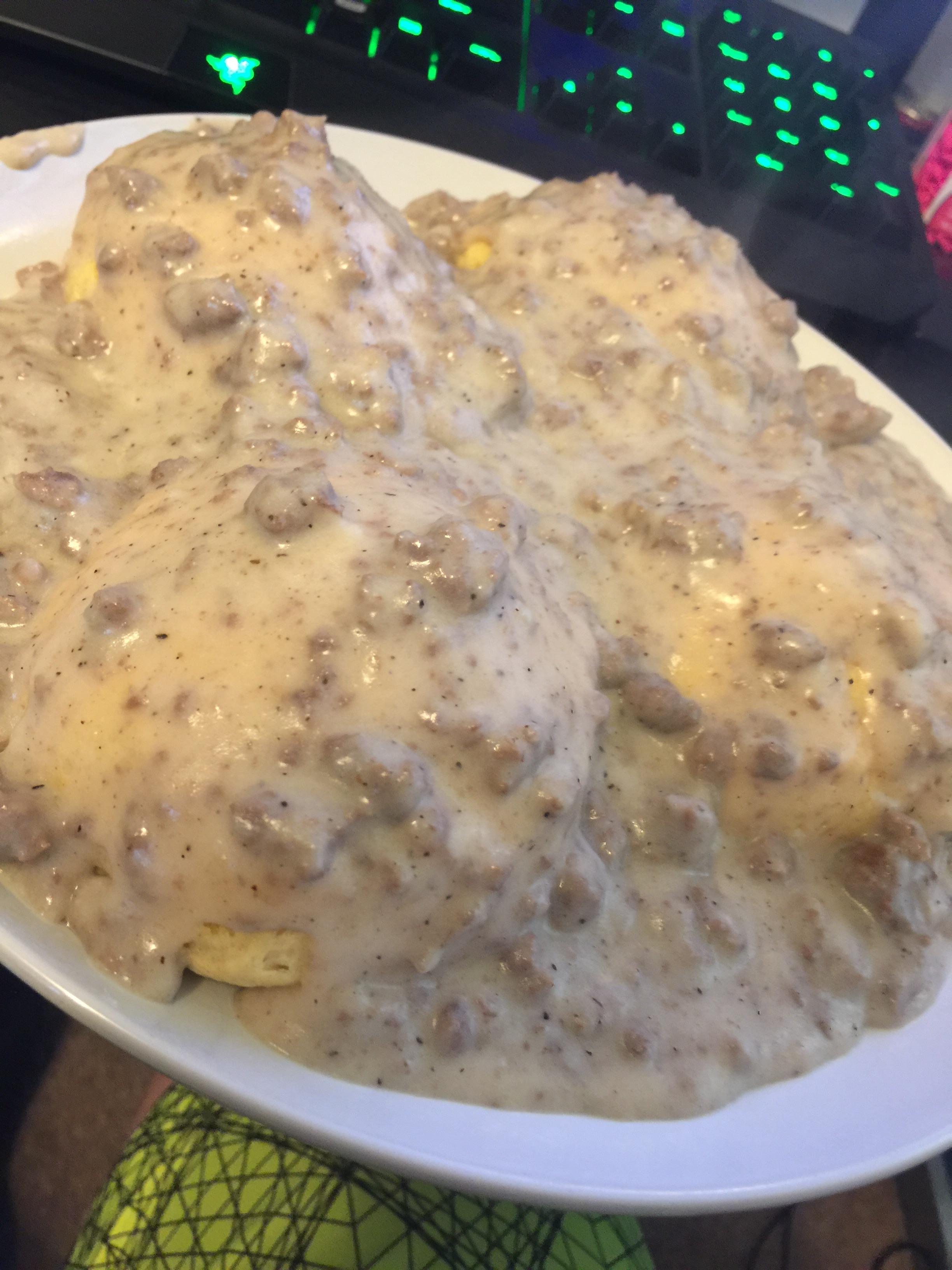 [Homemade] Venison Sausage Gravy and Biscuits r/food