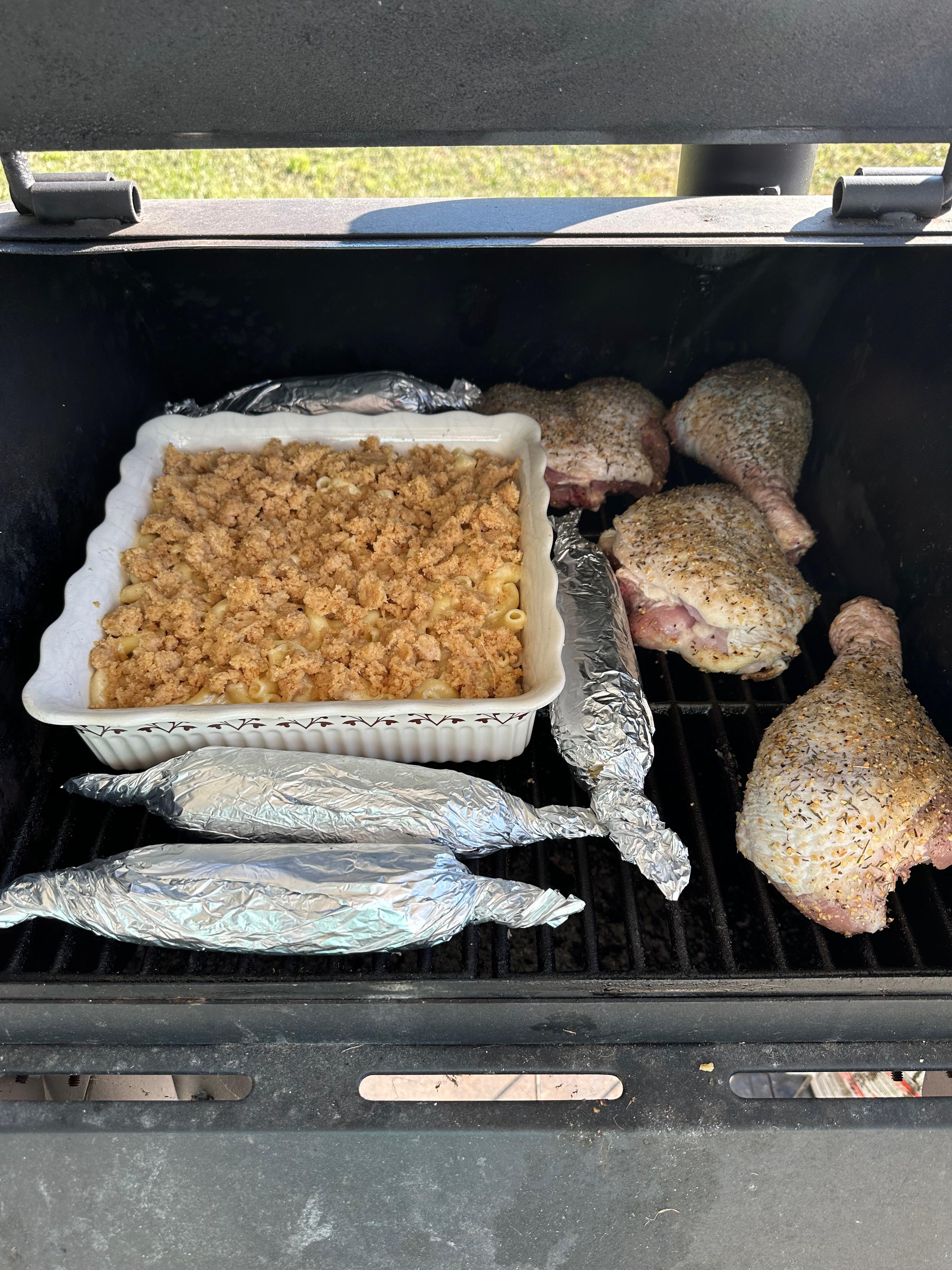 From scratch mac n cheese. Corn in butter and garlic. And turkey legs