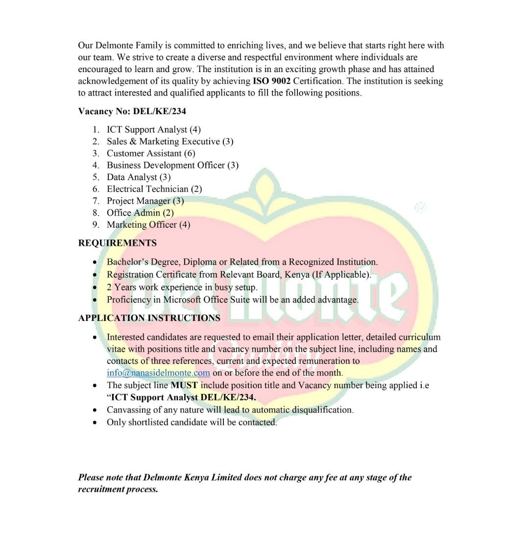 DEL MONTE Kenya announces vaccant job positions at the processing