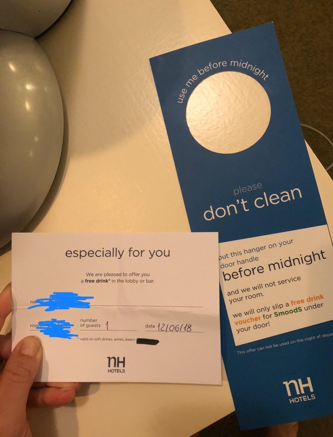 The hotel I’m staying at gives you a free drink at the hotel bar of you