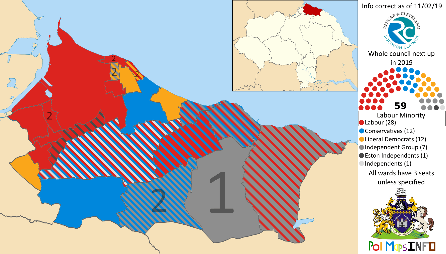 Redcar and Cleveland Borough Council, North Yorkshire, North East. 11/02/2019 r/PoliticalMaps