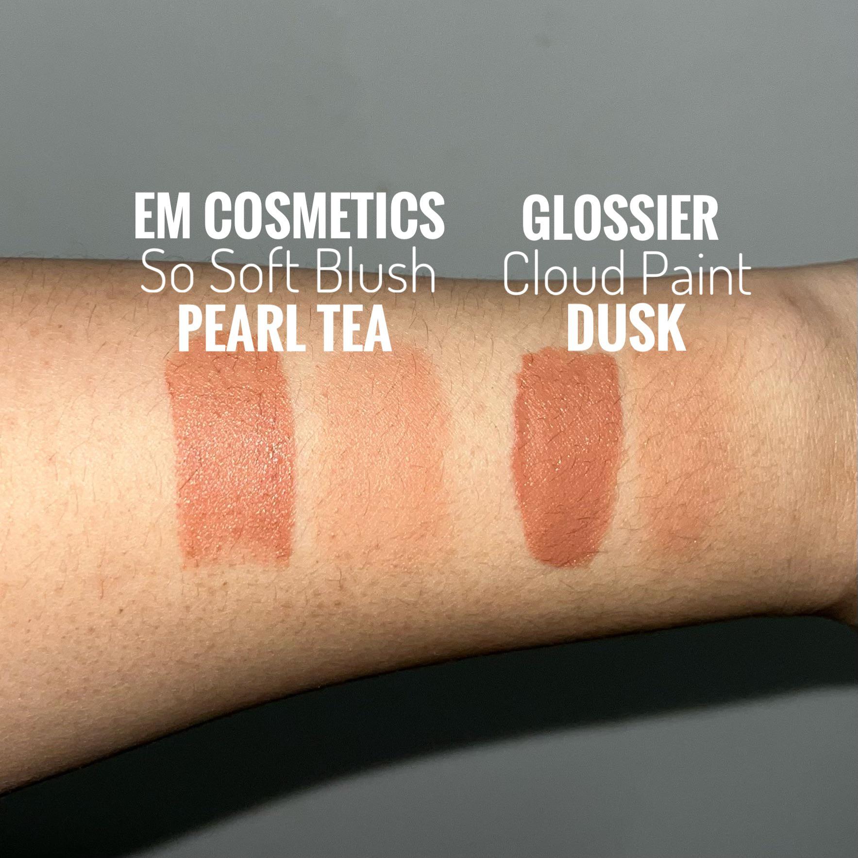 Em Cosmetics So Soft Blush in Pearl Tea vs. Glossier Cloud Paint in