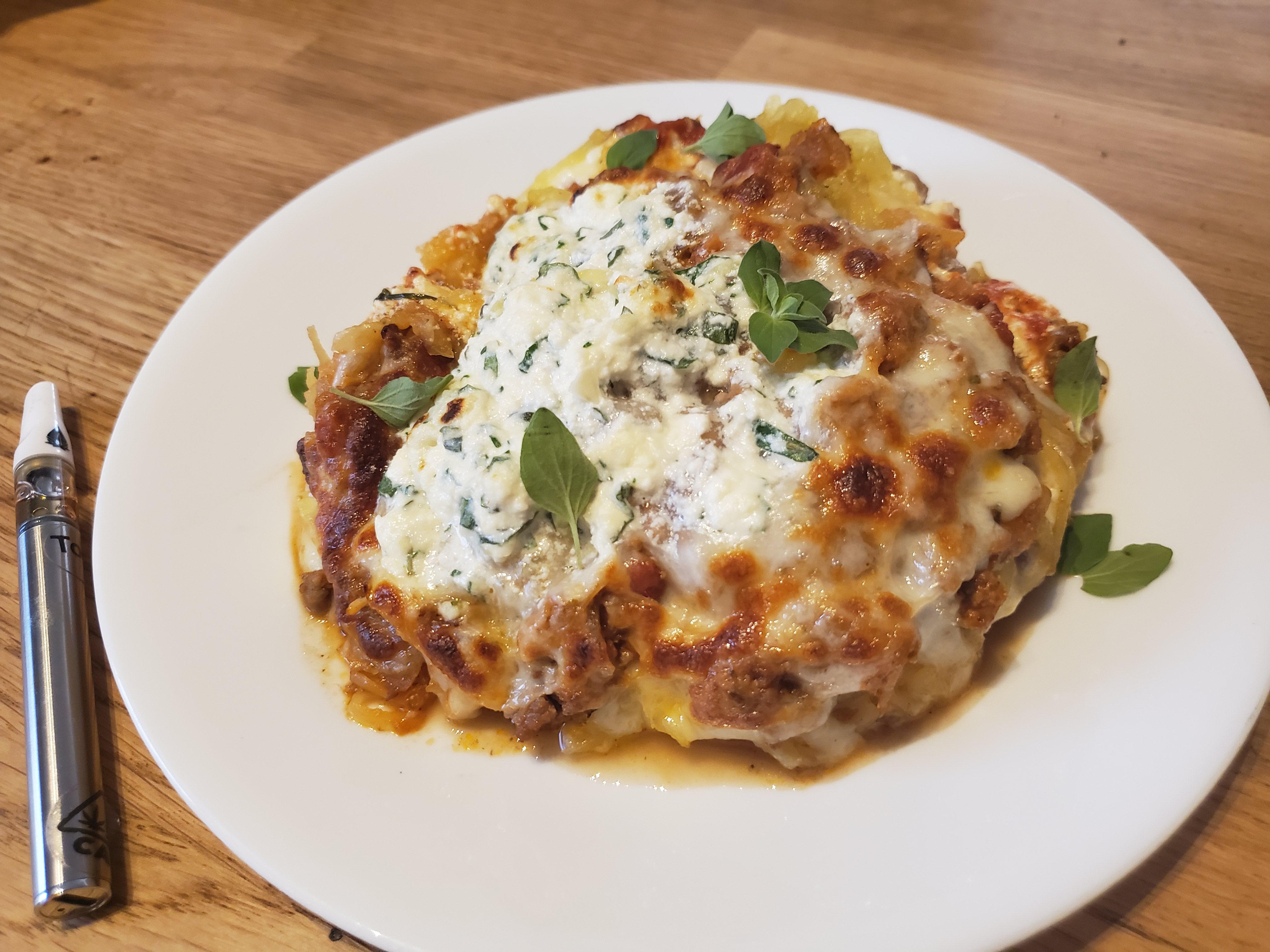 Spaghetti squash "lasagna" with herbed ricotta, beef and pork ragout
