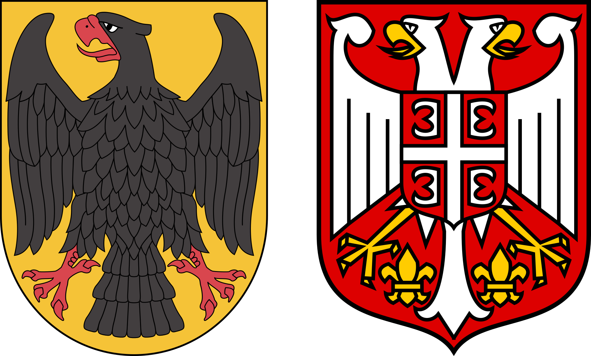 The coats of arms of Germany and Serbia drawn in each others' styles