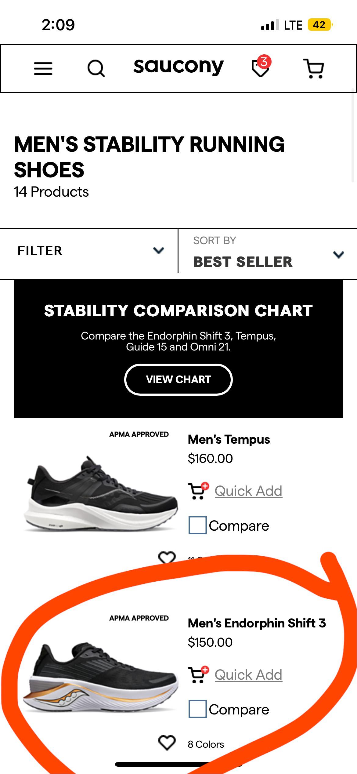 Saucony Endorphin Shift 3 listed as a stability shoe on Saucony’s