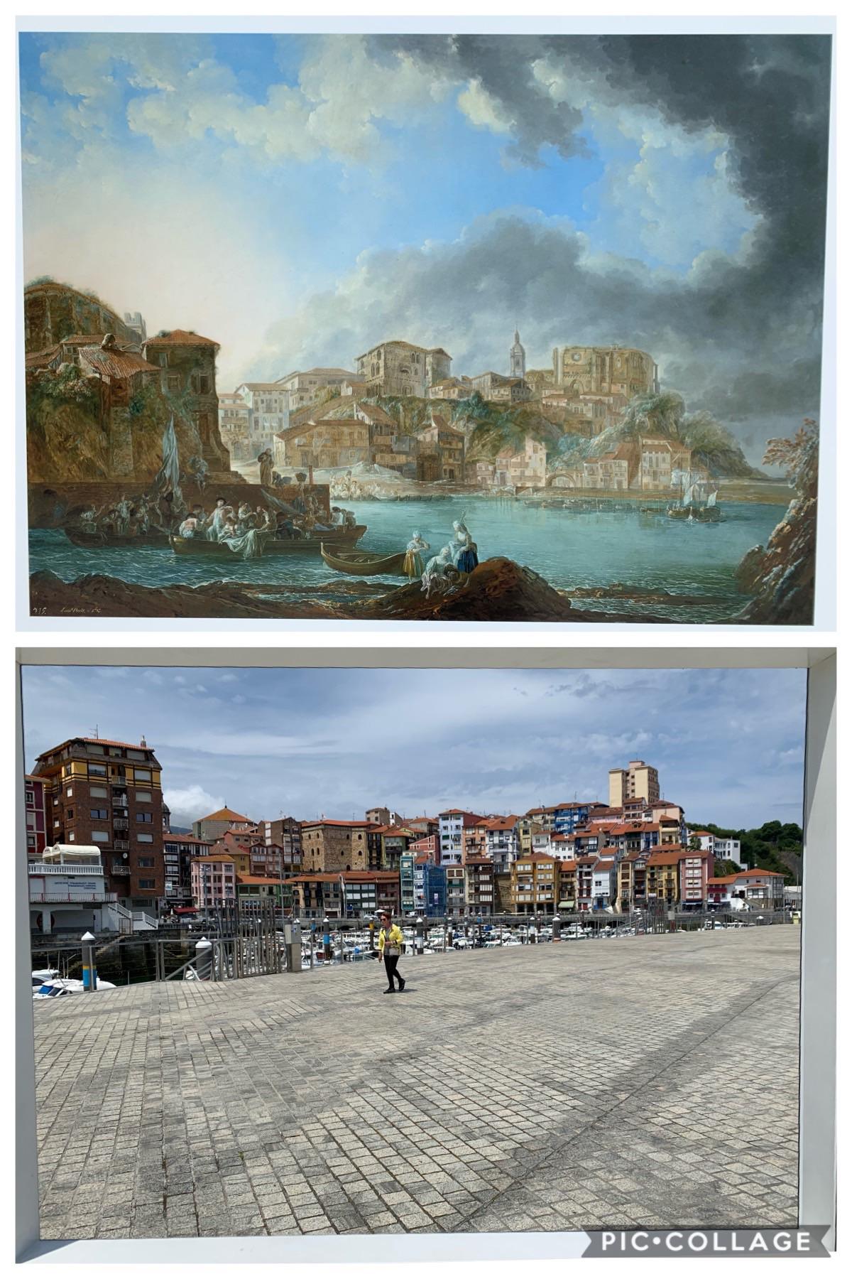 Old painting in real life Bermeo Harbour, Basque Country 1783 to