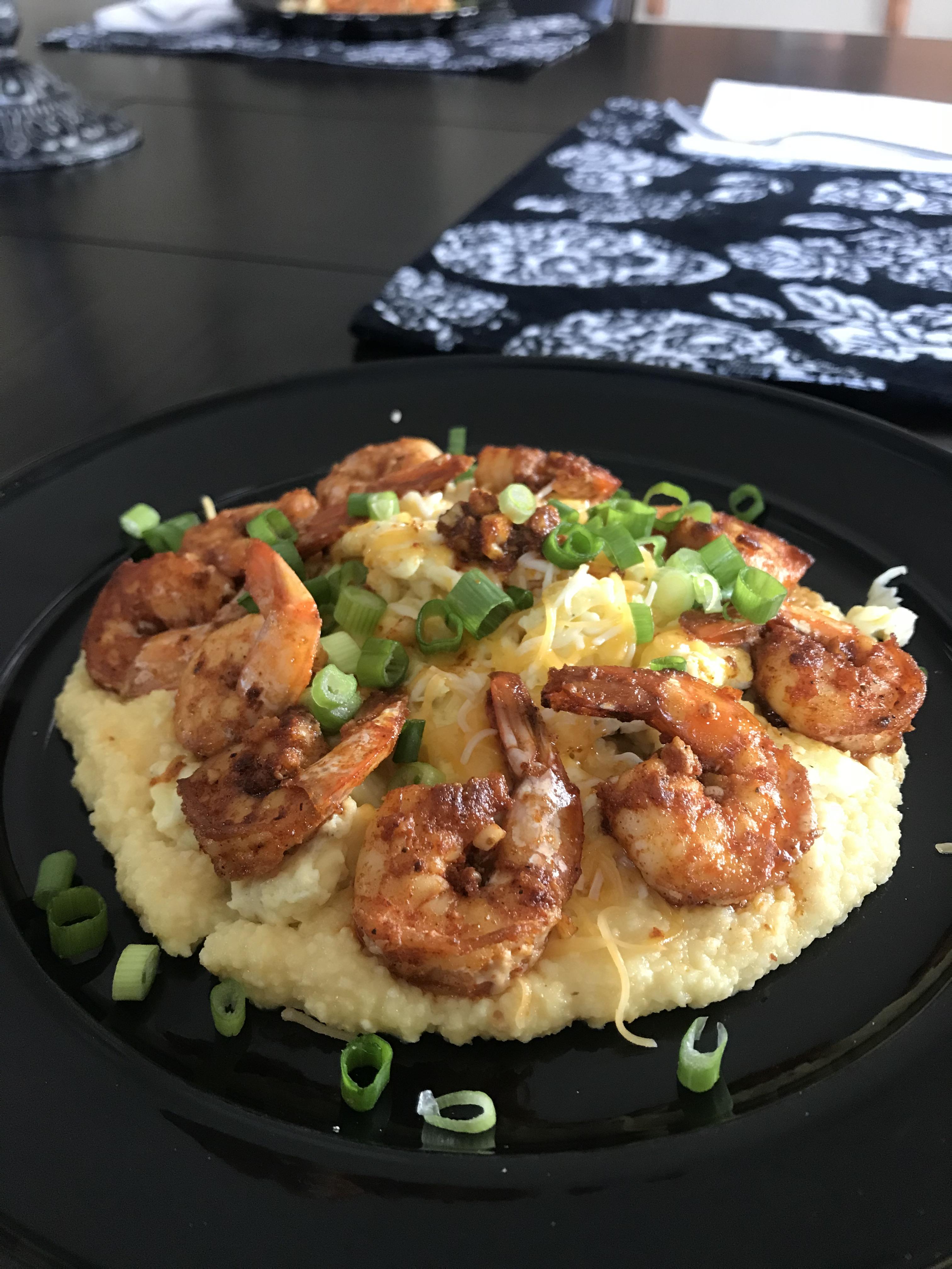 [Homemade] Shrimp n’grits with scrambled eggs. r/food