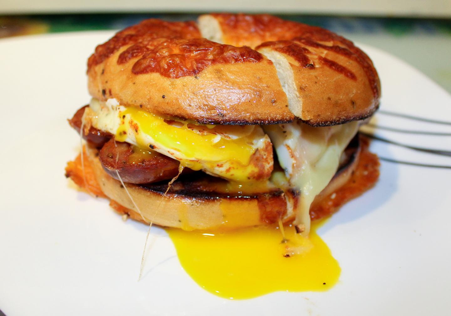 [Homemade] Chorizo, Egg, and Cheese Bagel Sandwich food