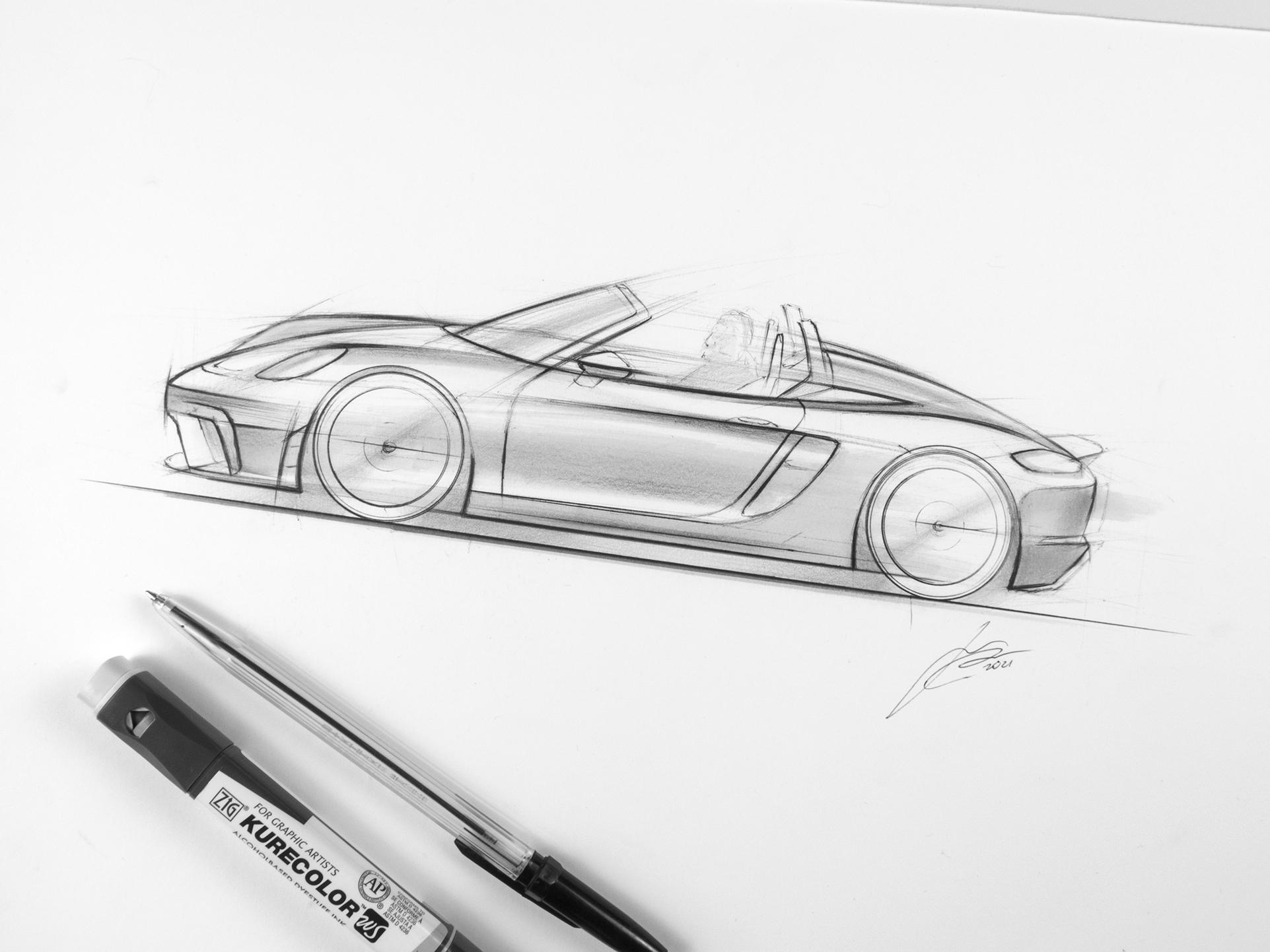 Porsche 718 Spyder sketch, ballpoint pen and marker Autos