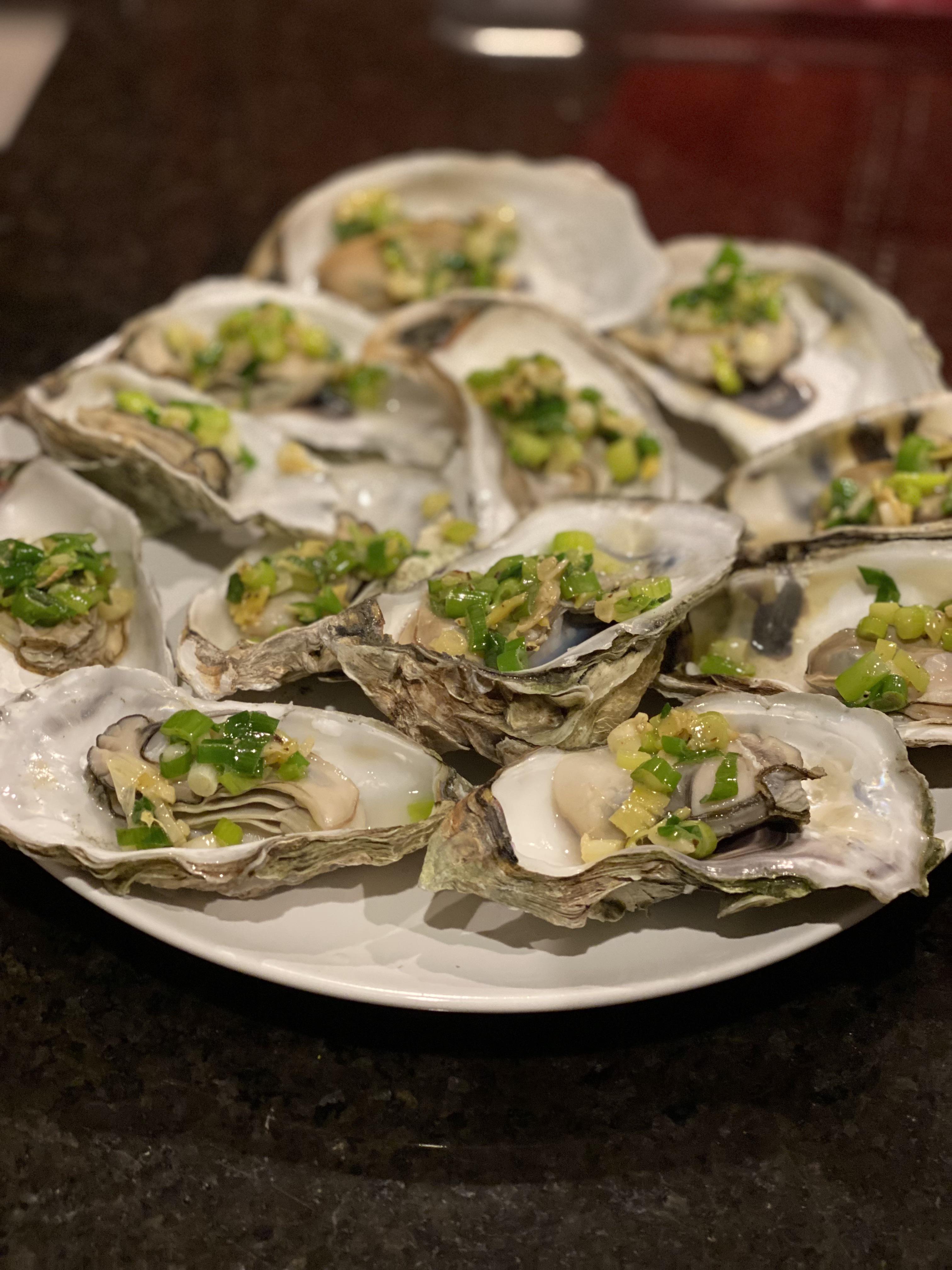 [homemade] Steamed Oysters with Scallion Ginger Relish r/food