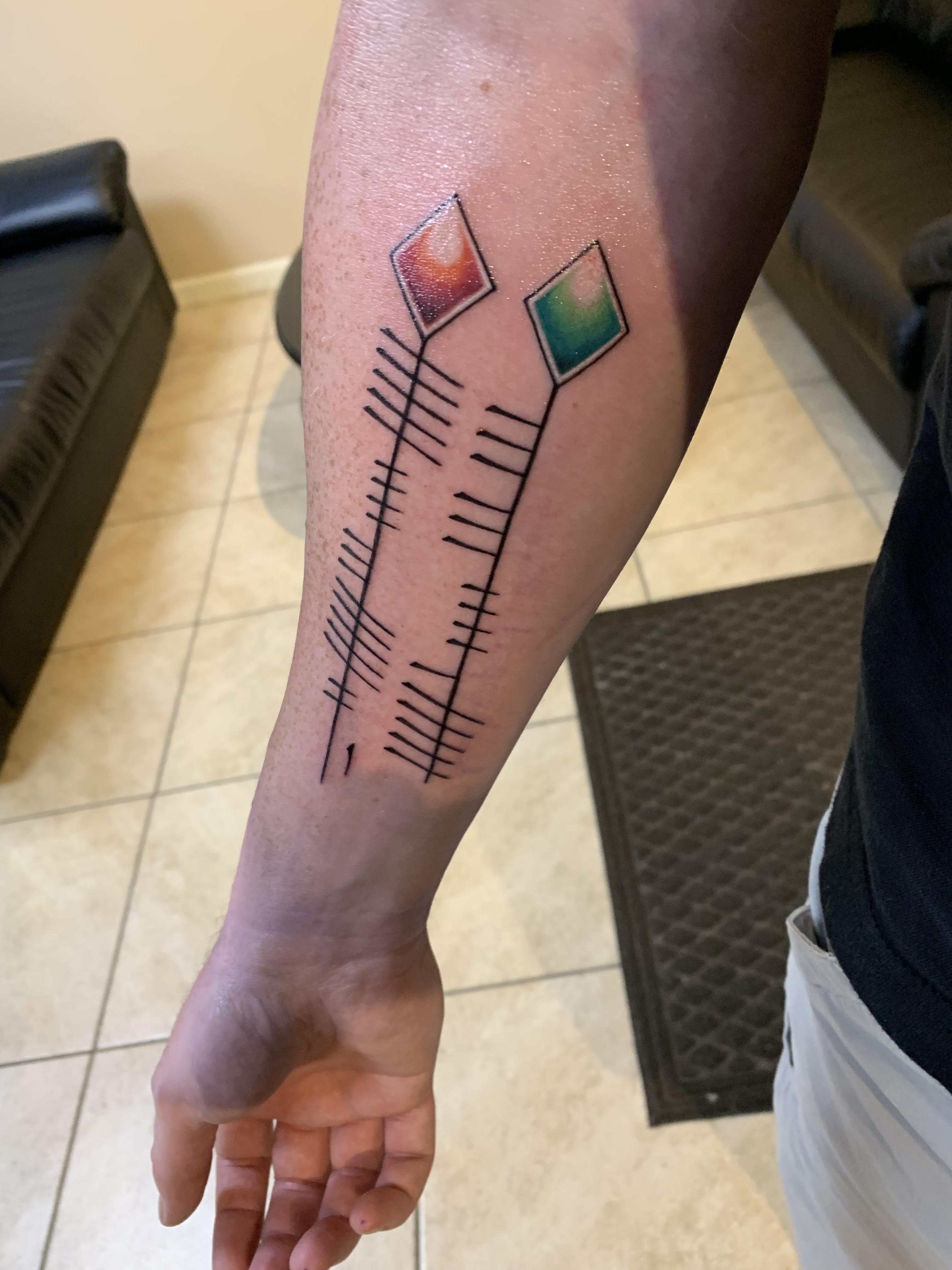 Ogham tattoo of my kids names with their birthstones done by Zak at The