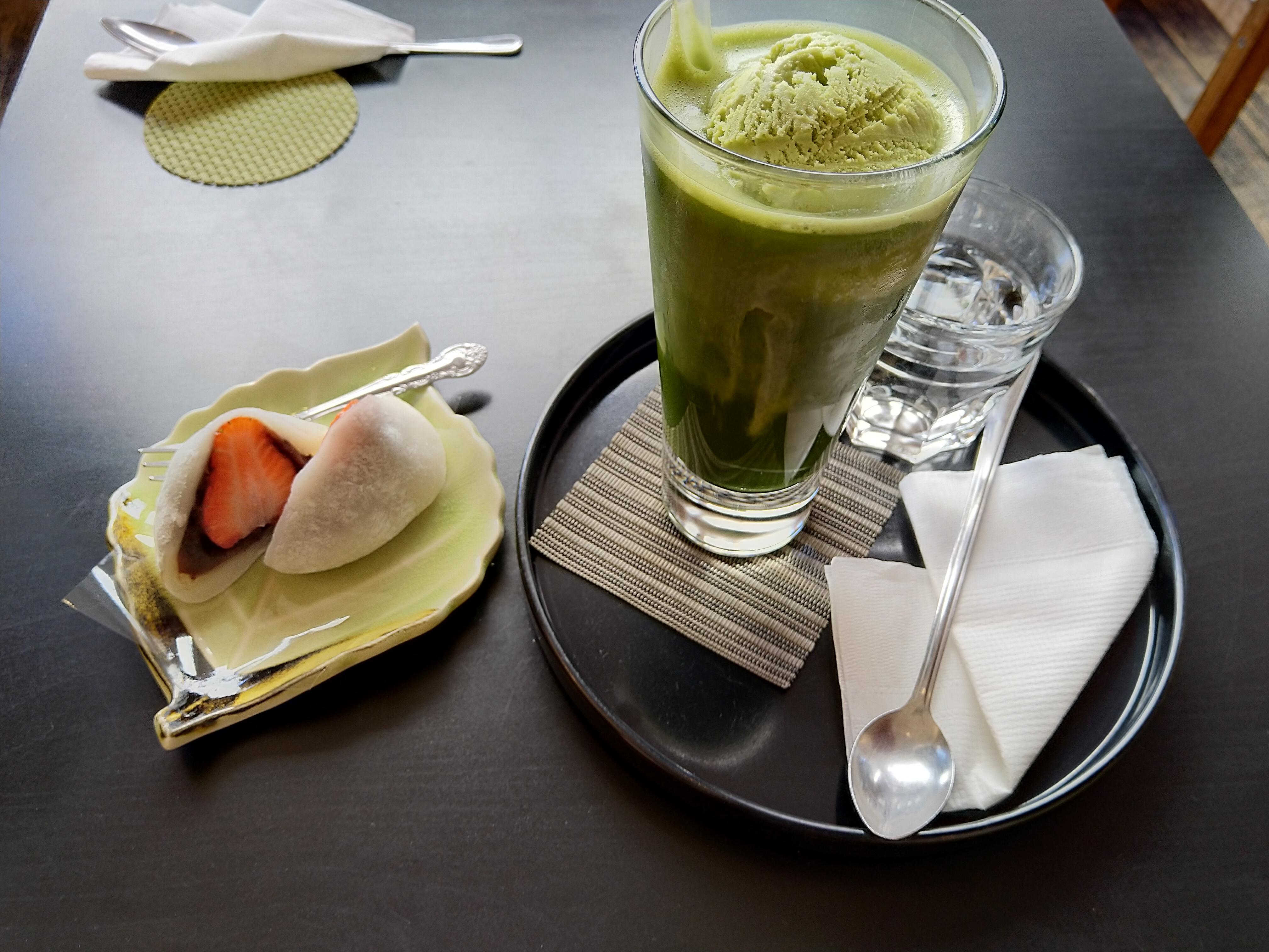 Matcha floaticed matcha with matcha icecream and an ichigo daifukua