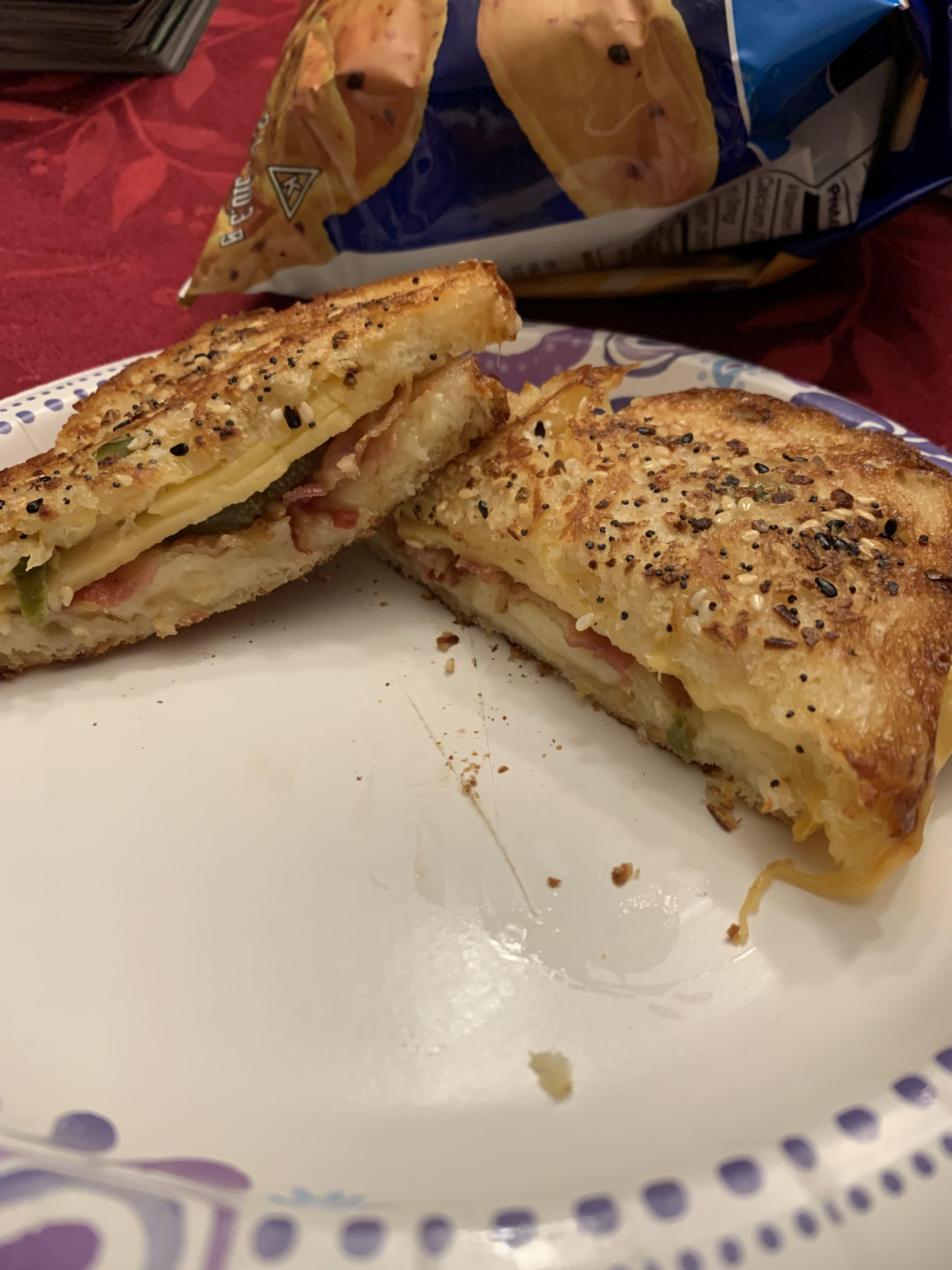 Grilled cheese (mayo on the outside) with Muenster, smoked Gouda, bacon