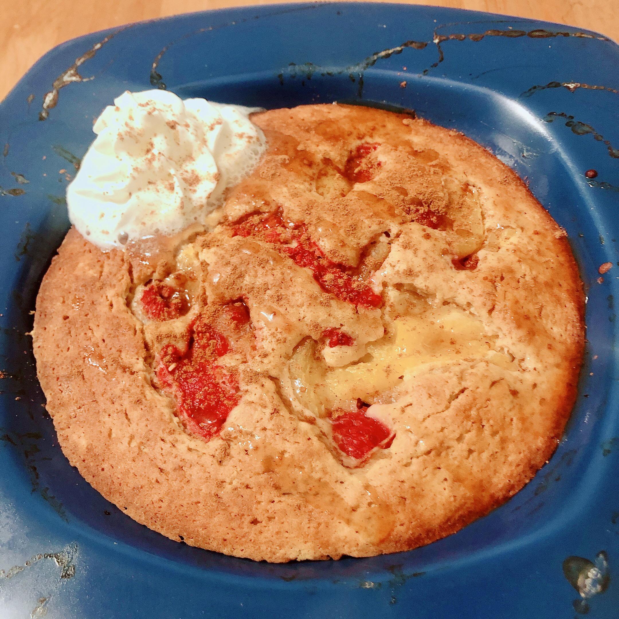 (138) oat fiber/instant oatmeal bowl cake w/ raspberry, apricot and