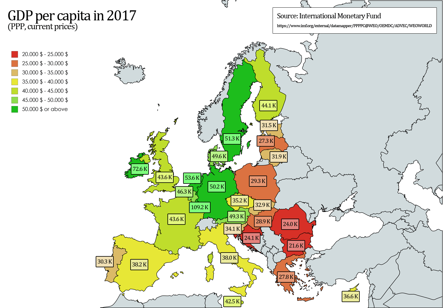 GDP per capita of EU countries in 2017 [OC] [1500 x 1044] r/MapPorn