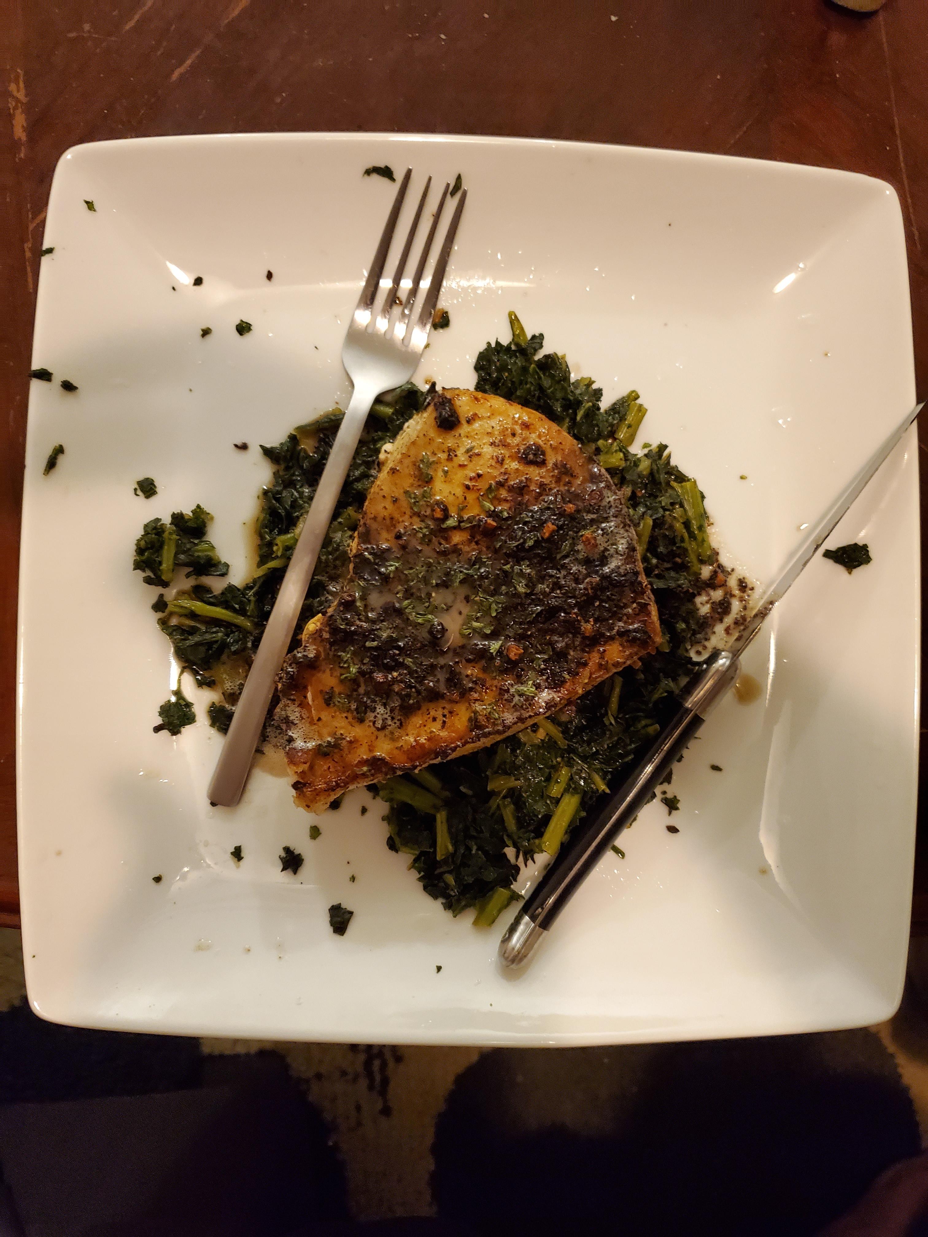 Seared swordfish steak over sauteed kale r/ketorecipes