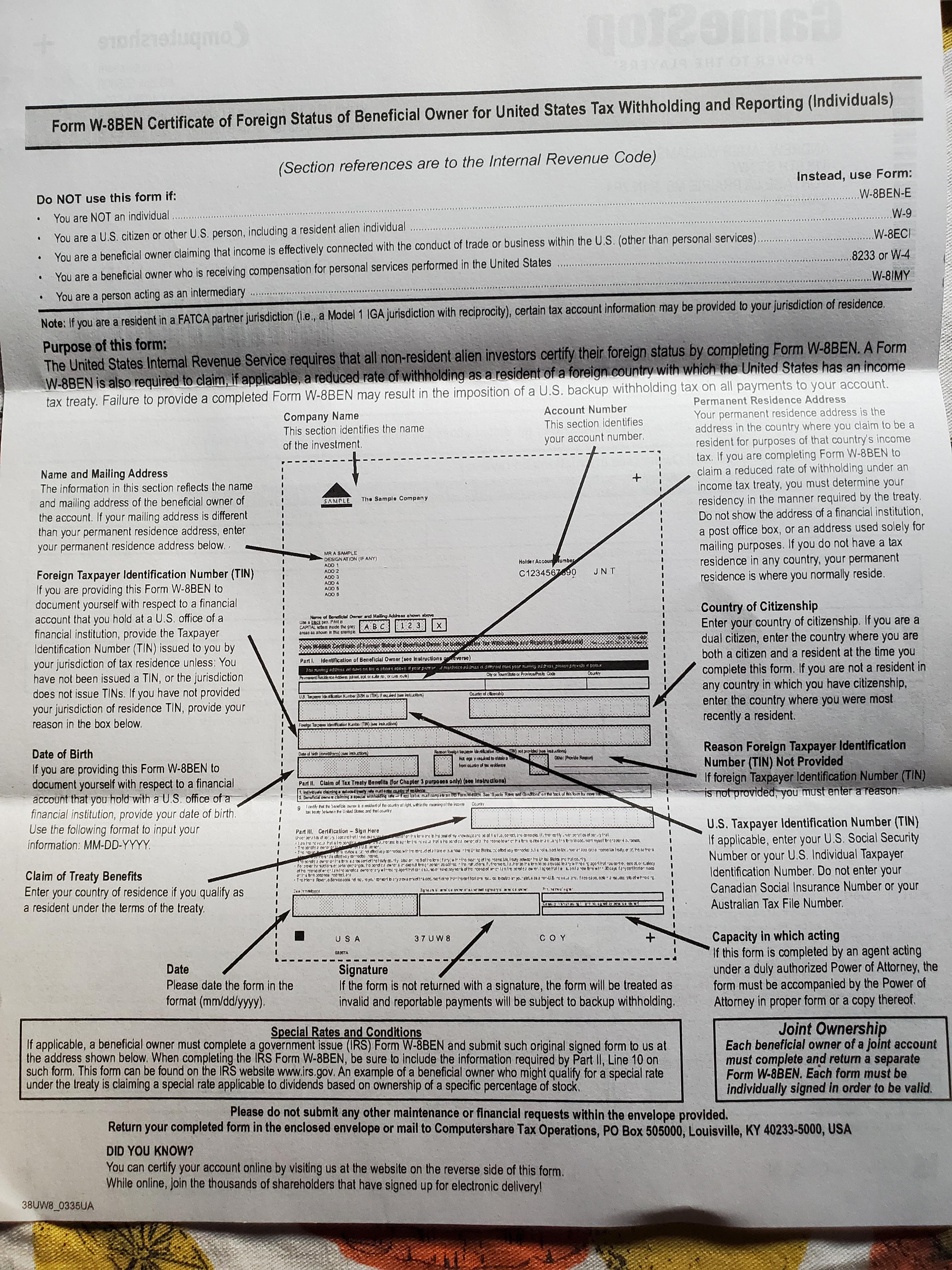 Need help on w8BEN form from CS. How do I get my foreign taxpayers