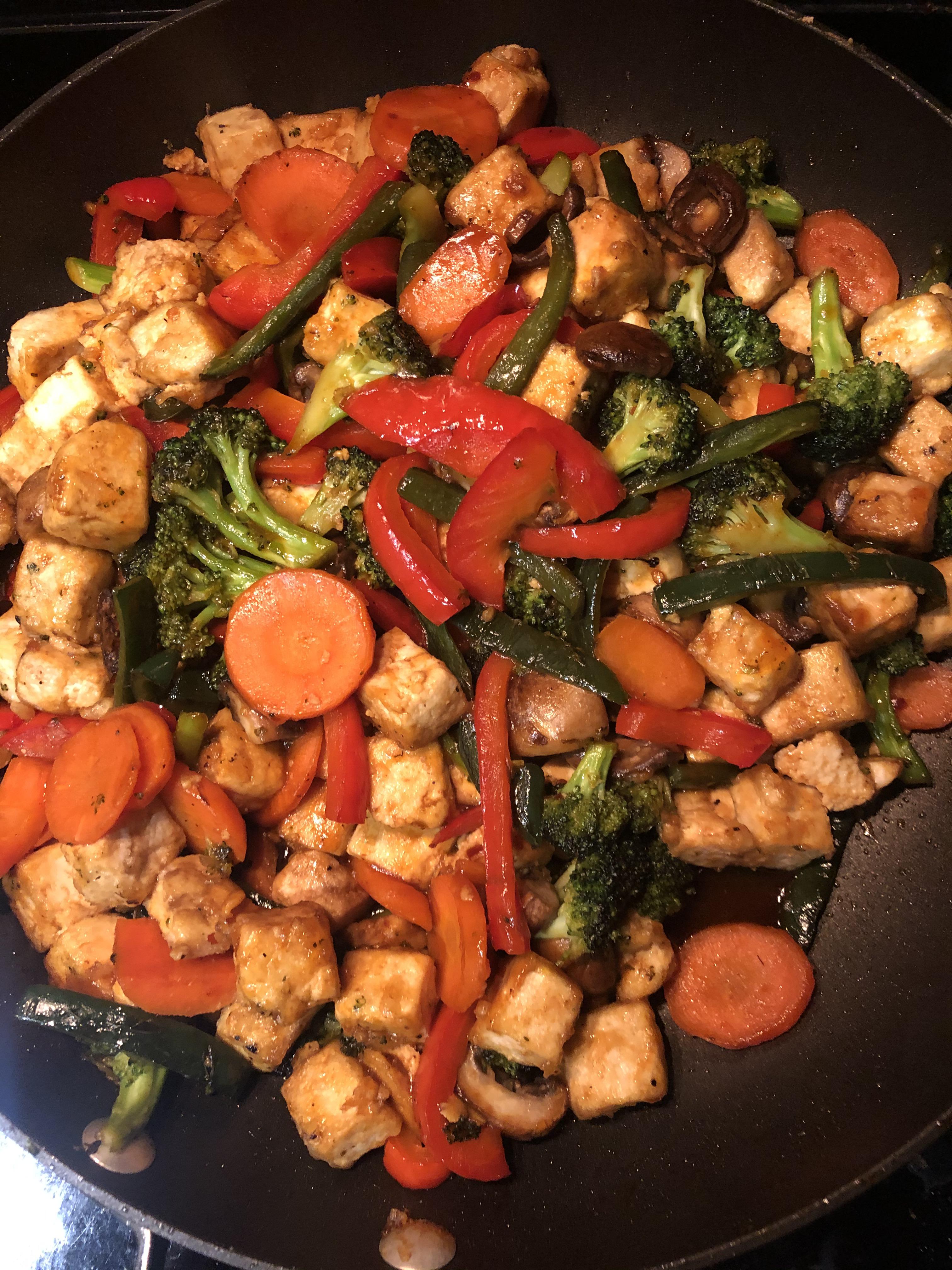 Tofu, mushroom, broccoli, carrot, pepper General Tso’s stir fry r