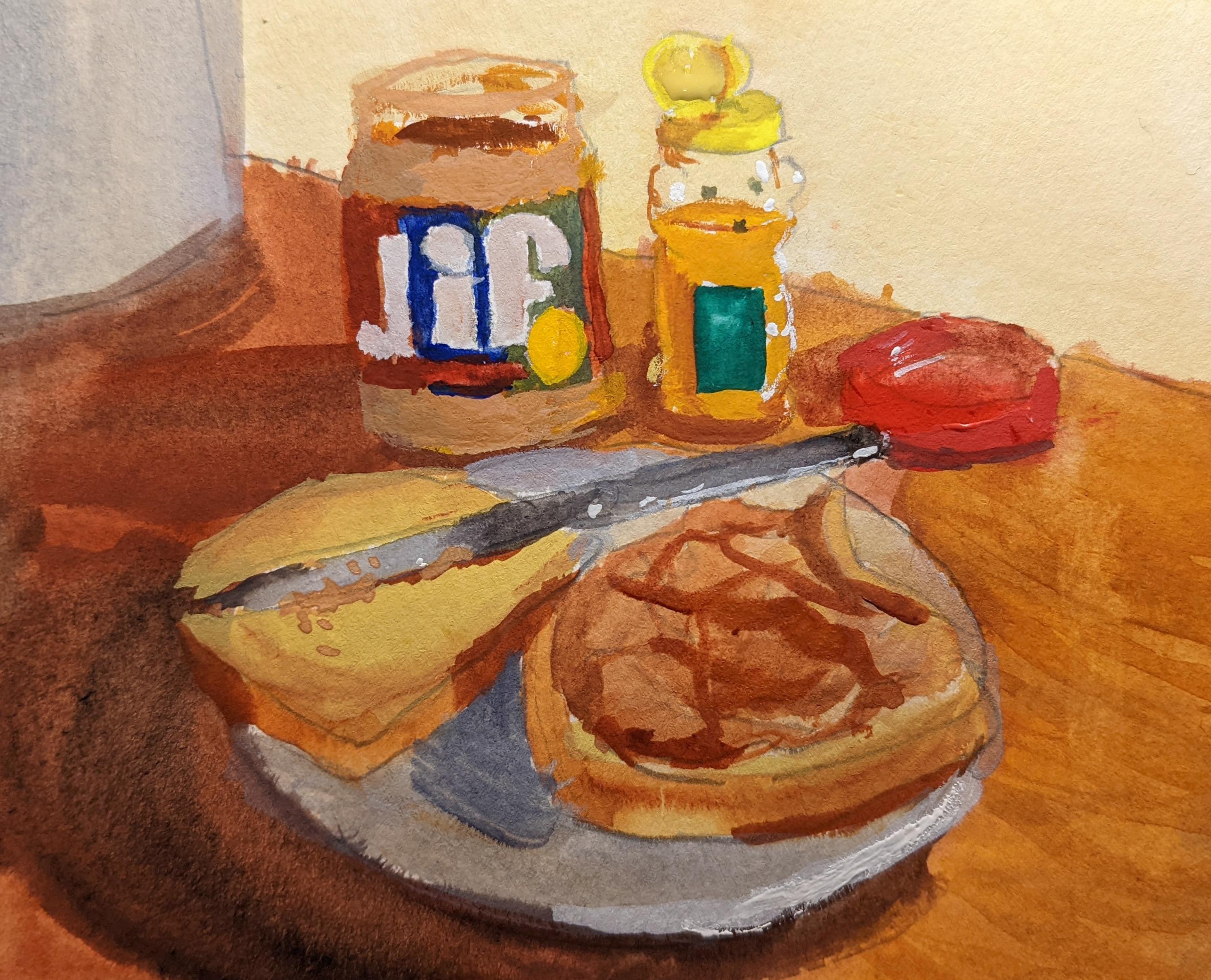 Peanut butter and honey sandwich, me, watercolor and gouache on paper