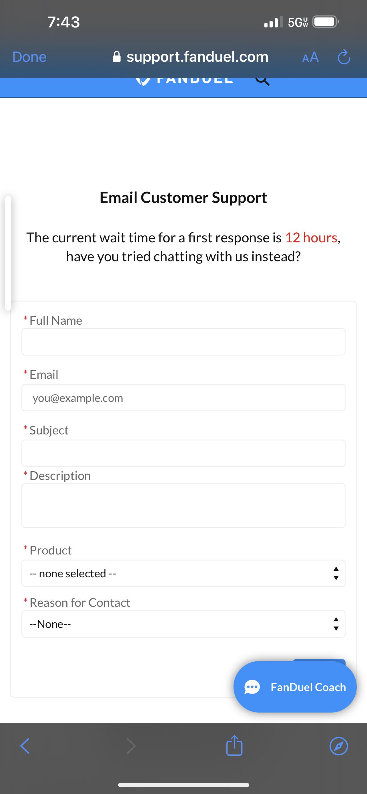 Submit button to email support on FanDuel is covered by a tab to talk