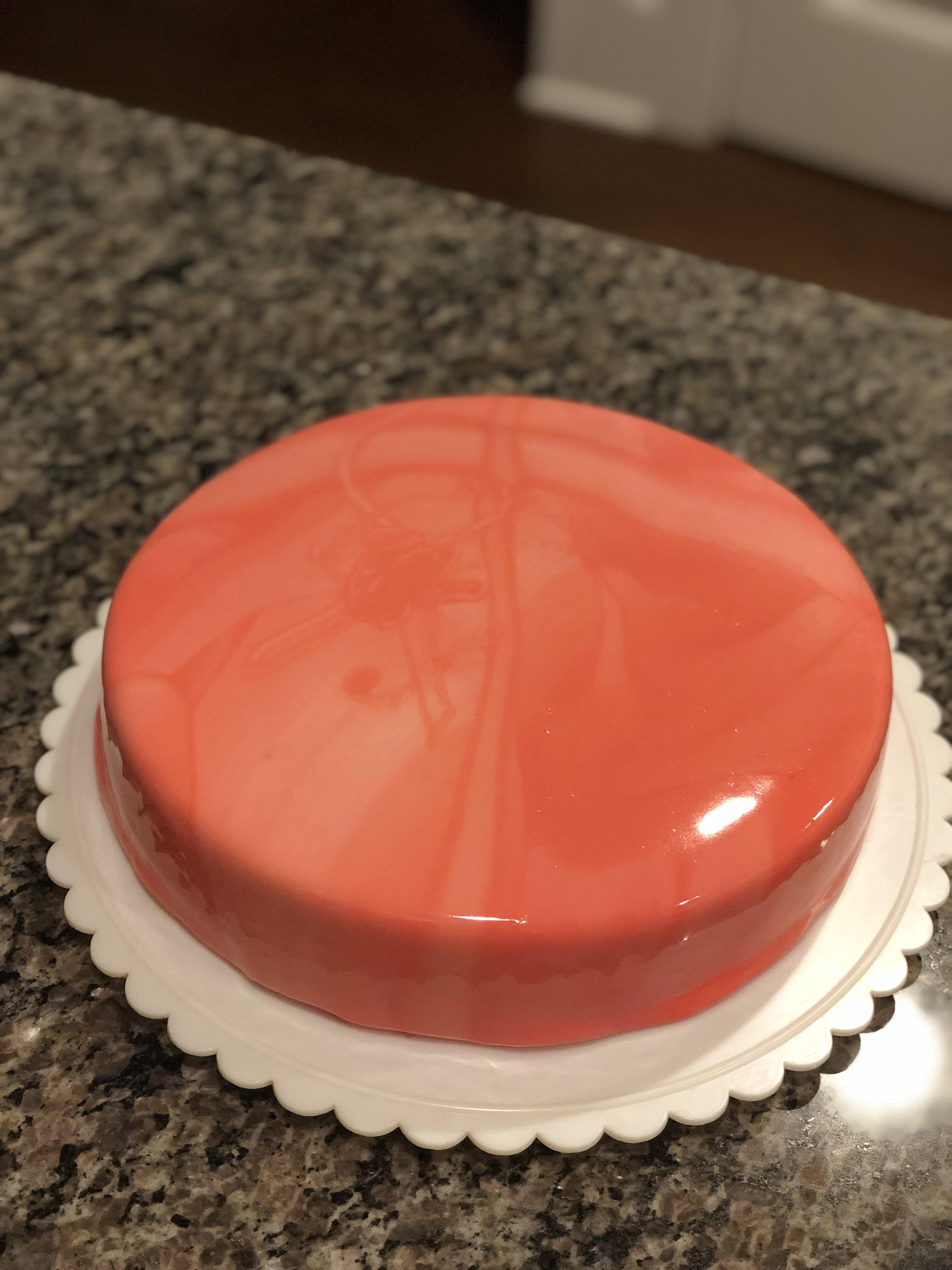 I made a mirror glaze cake with a strawberry jam and a white chocolate mousse, what do you think
