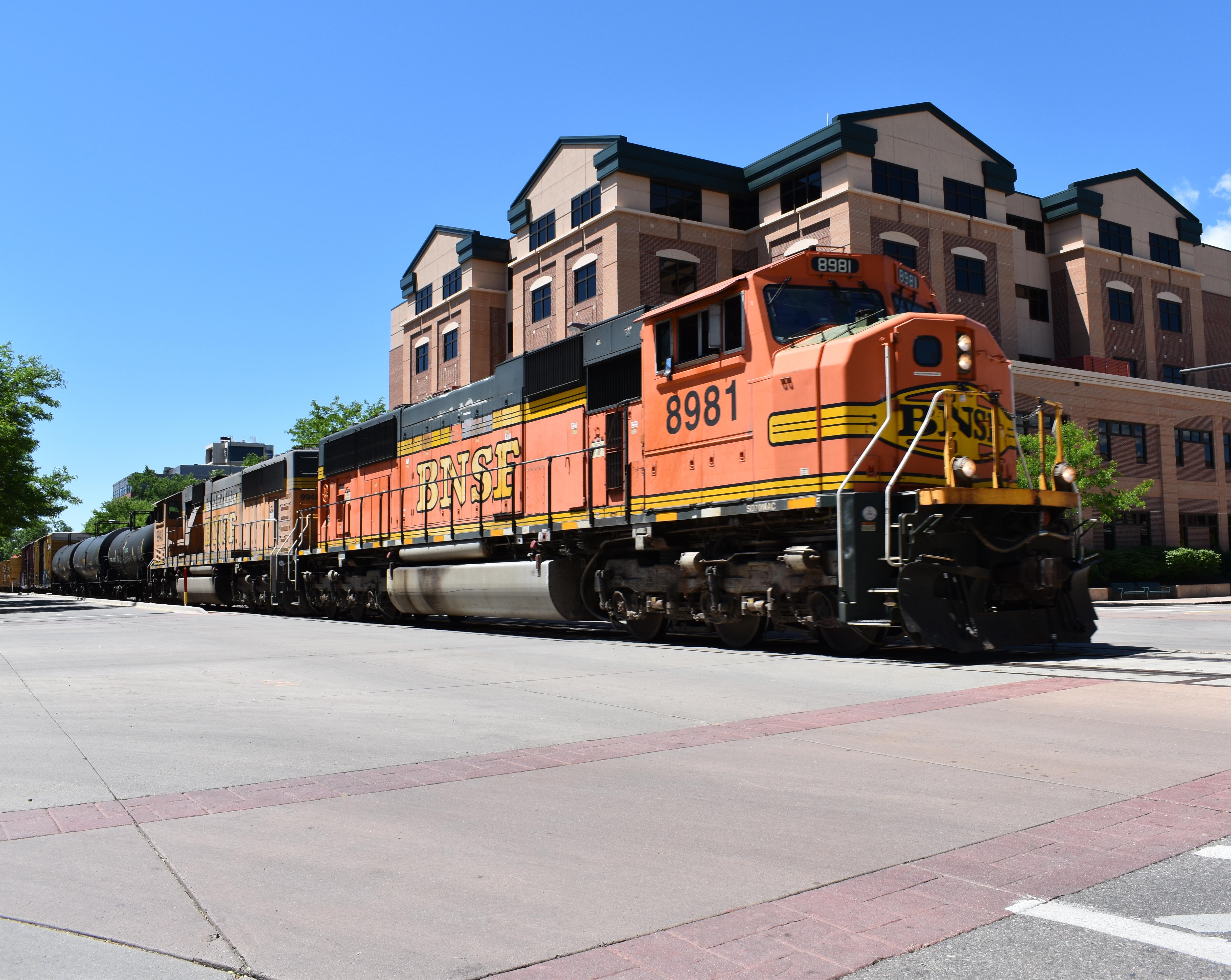 BNSF SD70MAC 8981 making its way through downtown Fort Collins CO 6/11