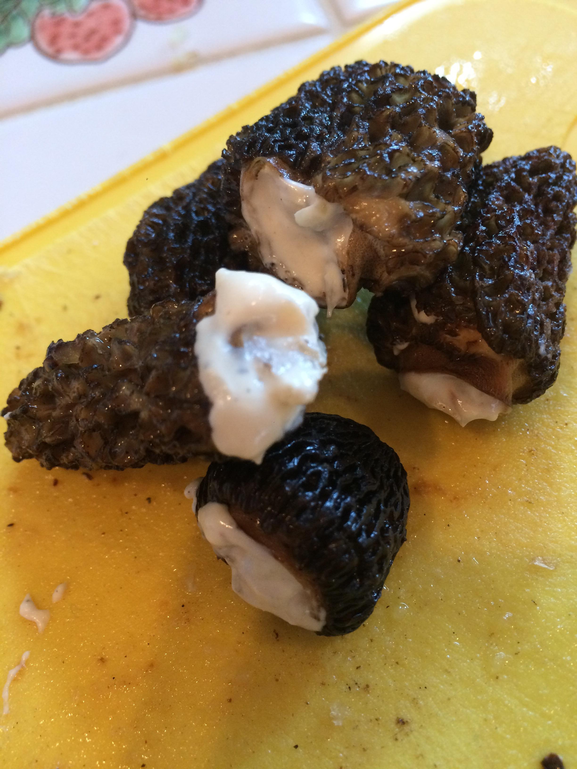 [Homemade] seared morel mushrooms, stuffed with cream cheese, grilled