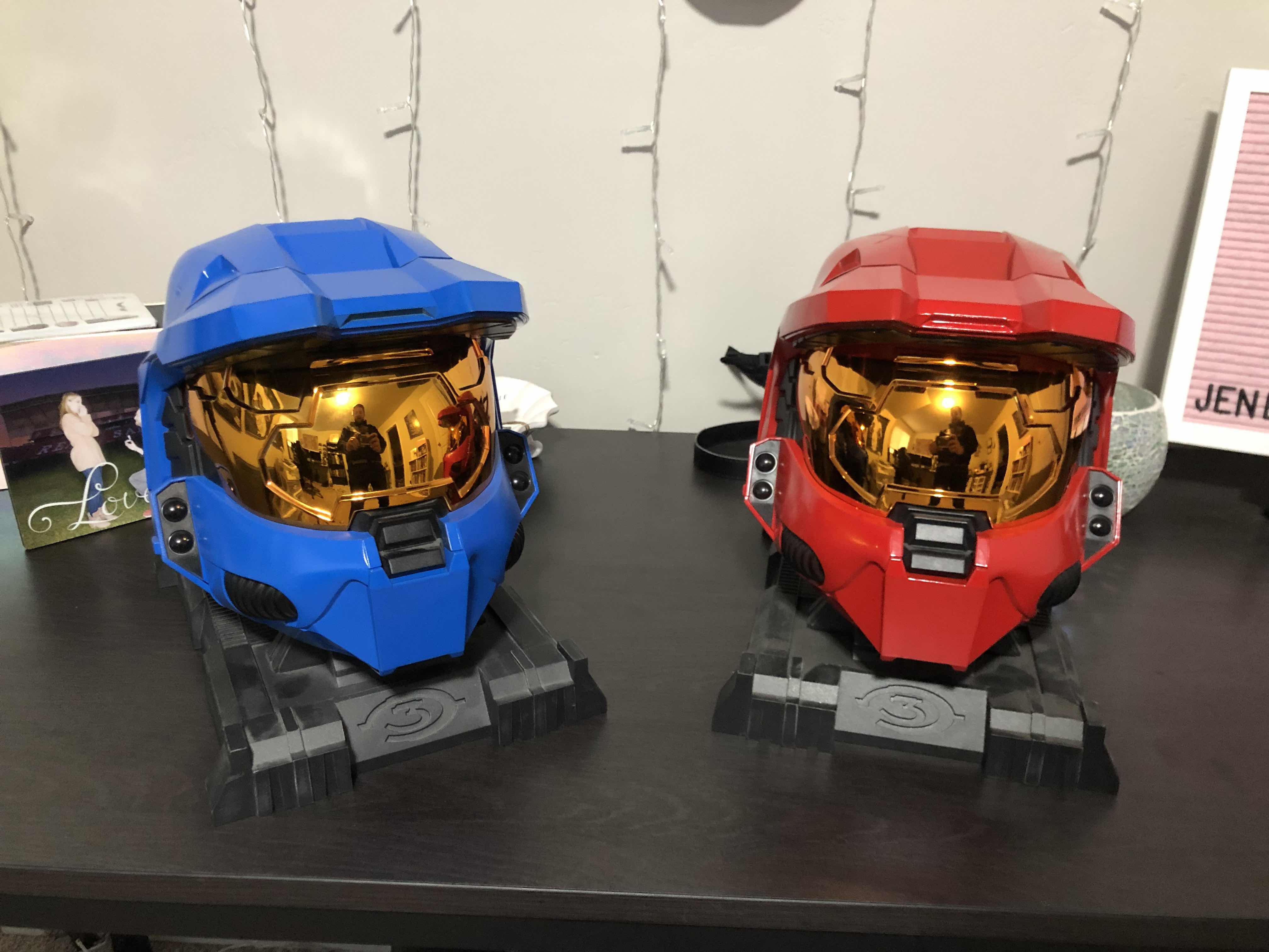 Finished painting my Halo 3 Legendary Helmets Red vs. Blue, and they