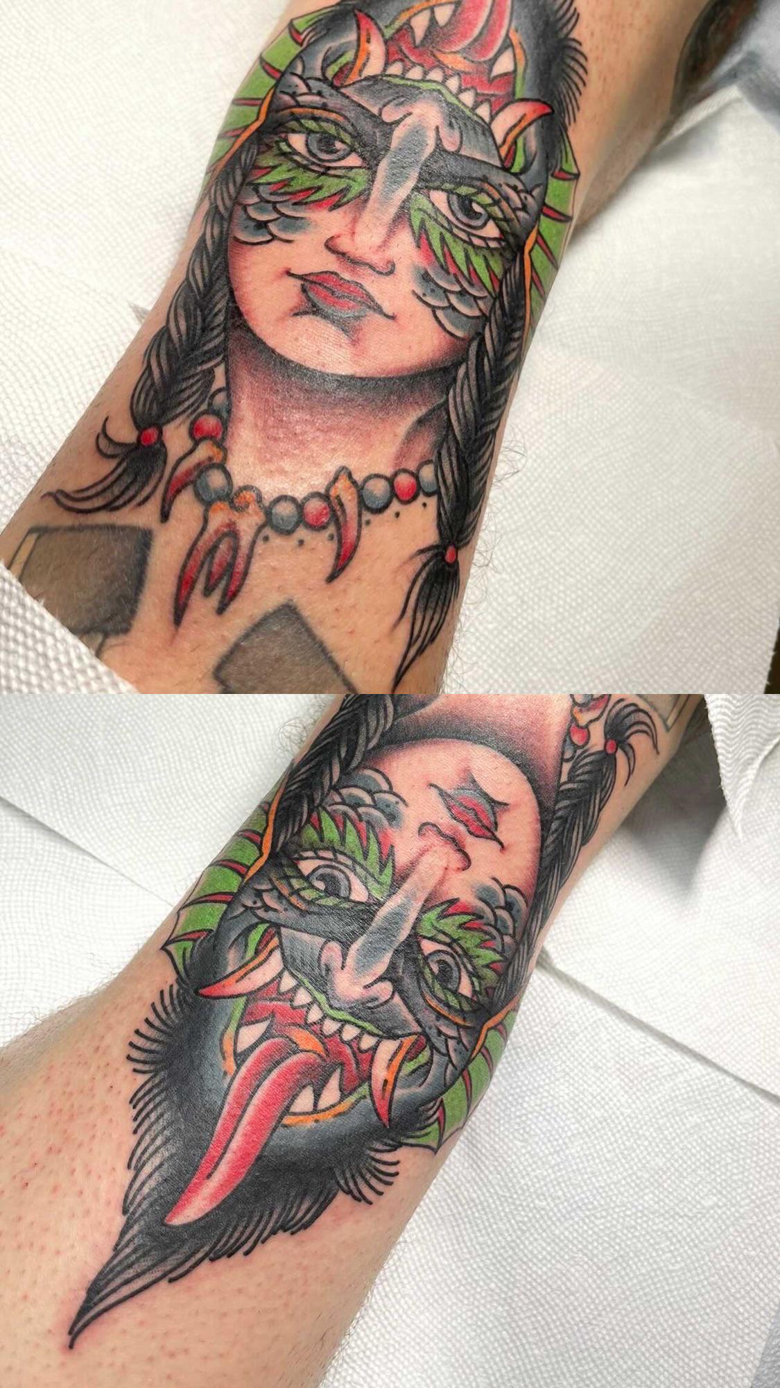 Woman/Demon Knee Ditch by Charles Platt (plattooer) Second Skin Tattoo
