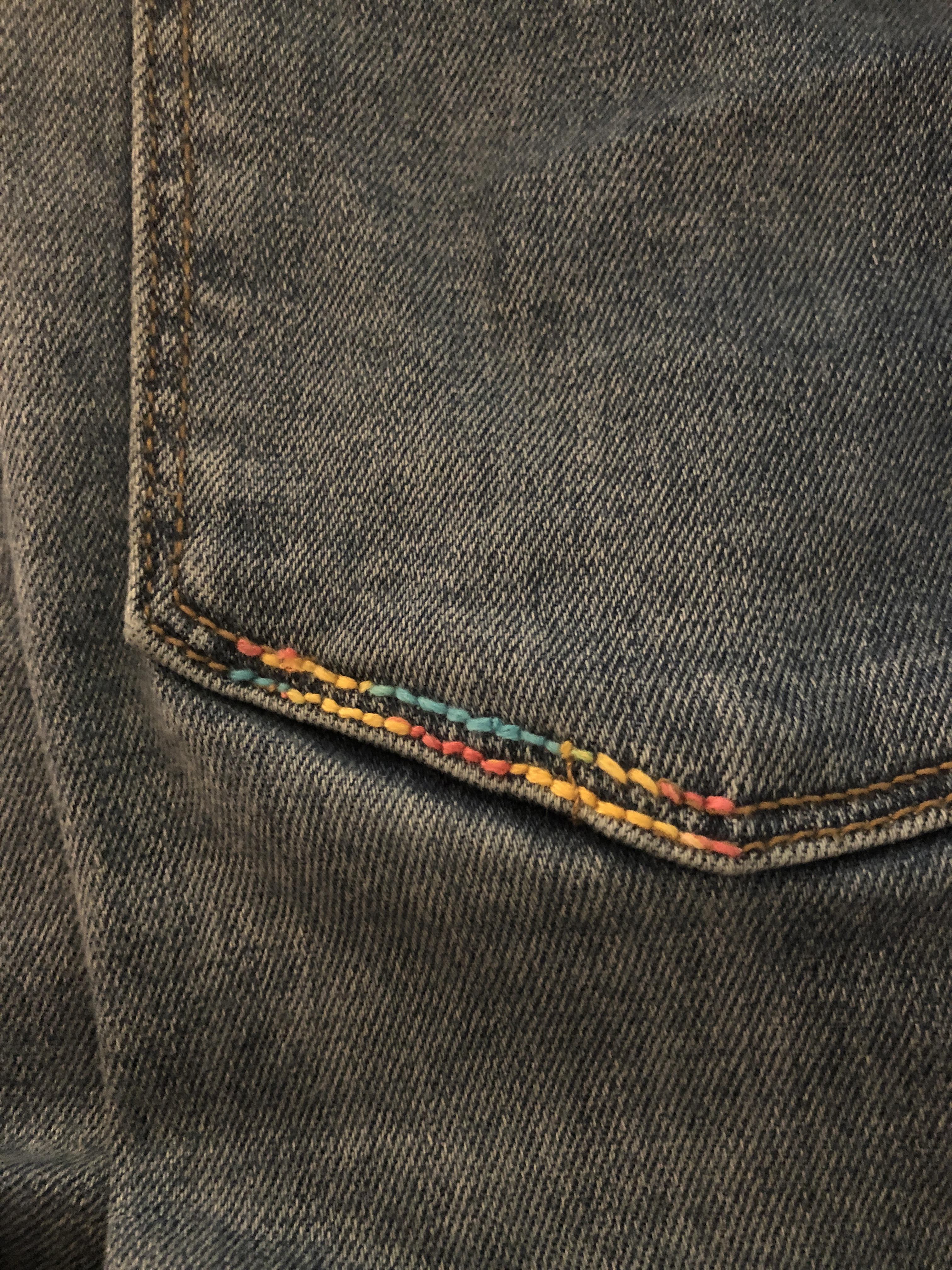 Jeans pocket seam gave out after one day of work. Gave it some color! r/Visiblemending