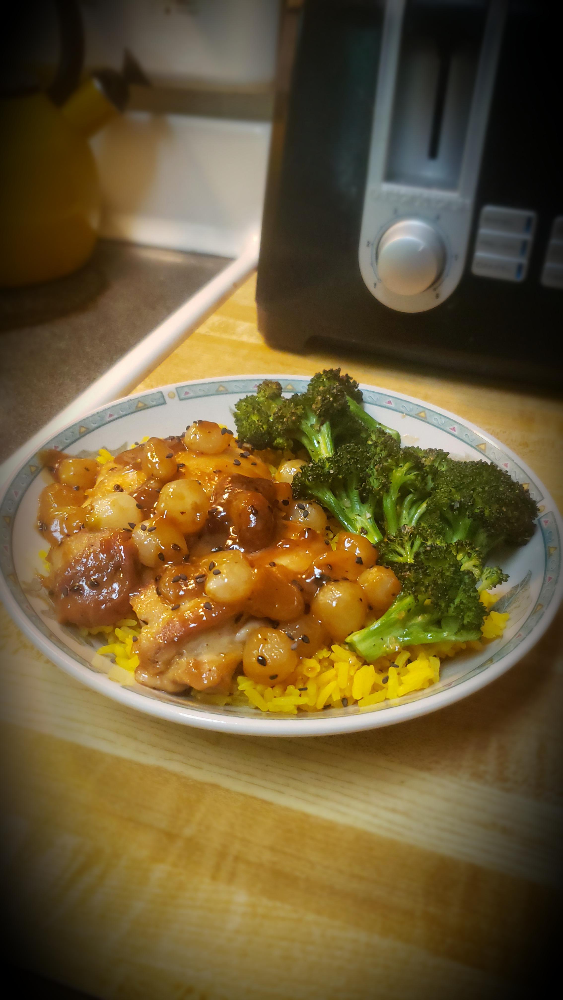 Honey mustard chicken thigh with roasted broccoli and yellow rice! r