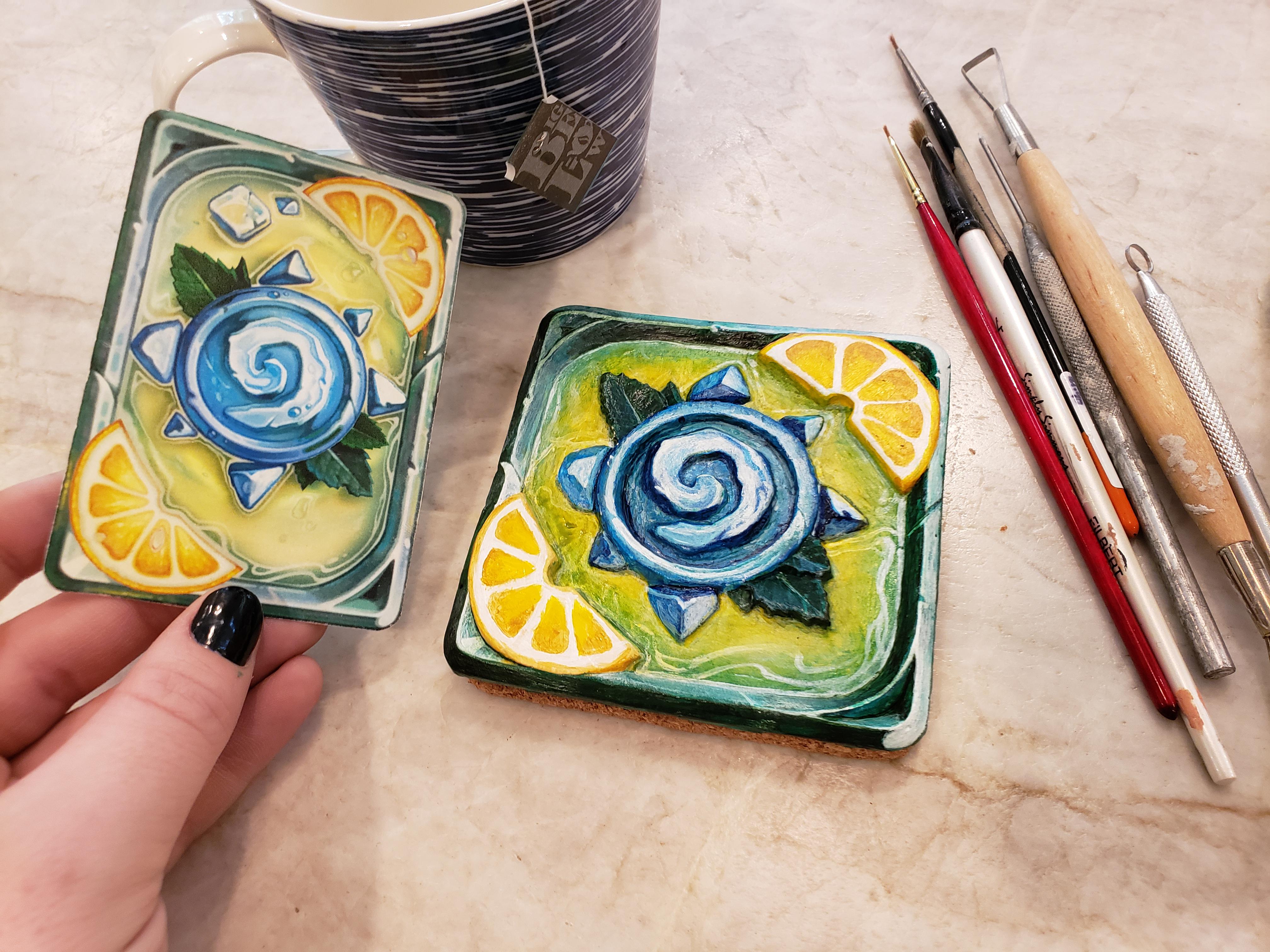 I carved and painted a drink coaster based on my favorite cardback! r